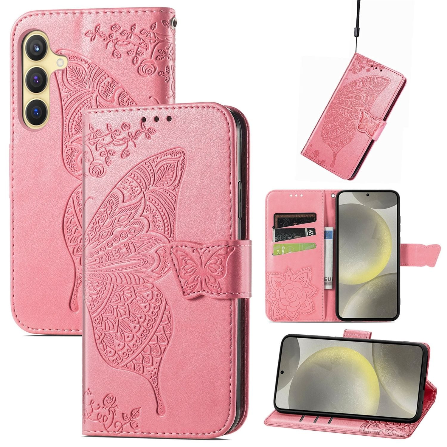 F&uuml;r Samsung Galaxy A56 / A36 Kunstleder Schmetterling Book H&uuml;lle Pink - Bild 1