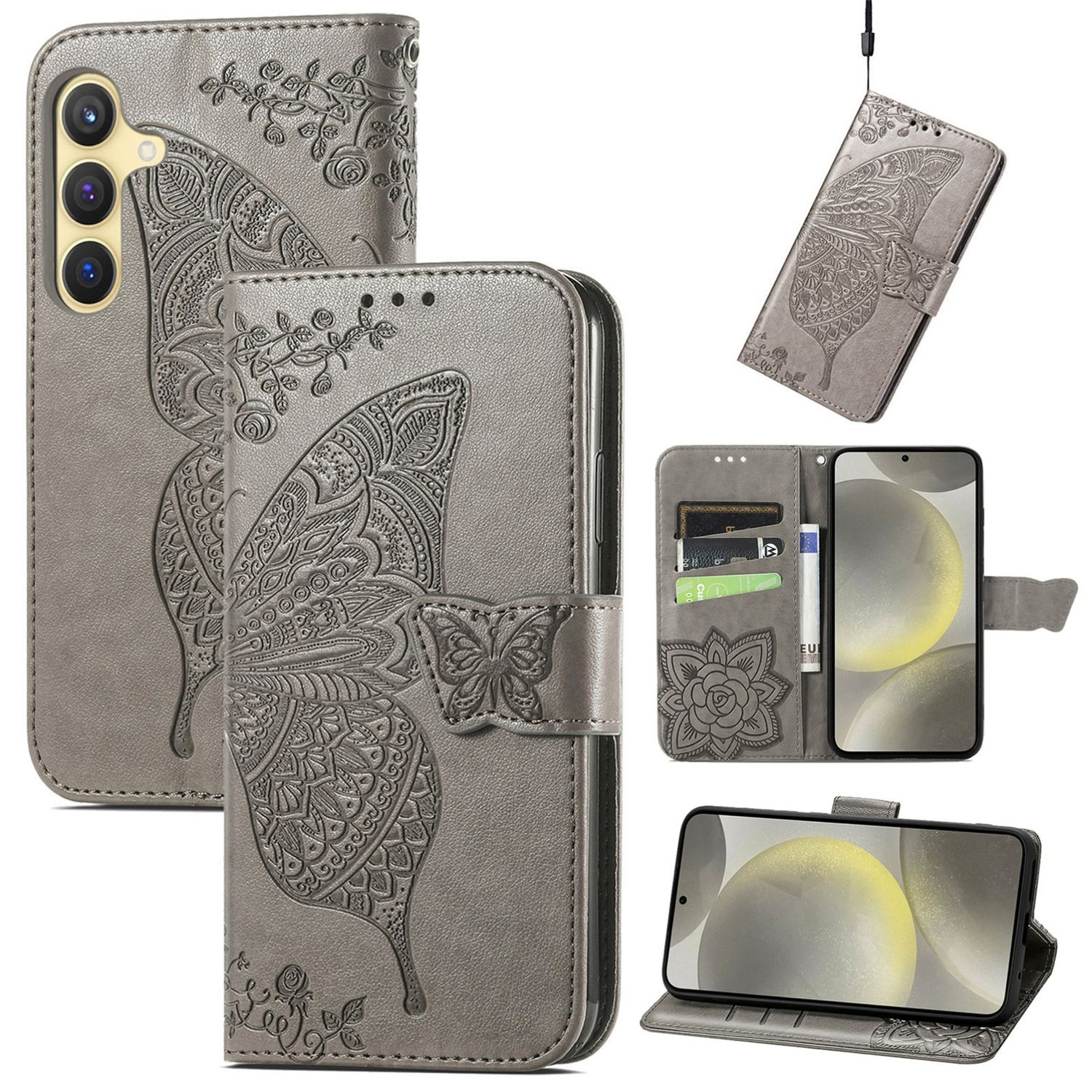 F&uuml;r Samsung Galaxy A56 / A36 Kunstleder Schmetterling Book H&uuml;lle Grau - Bild 1
