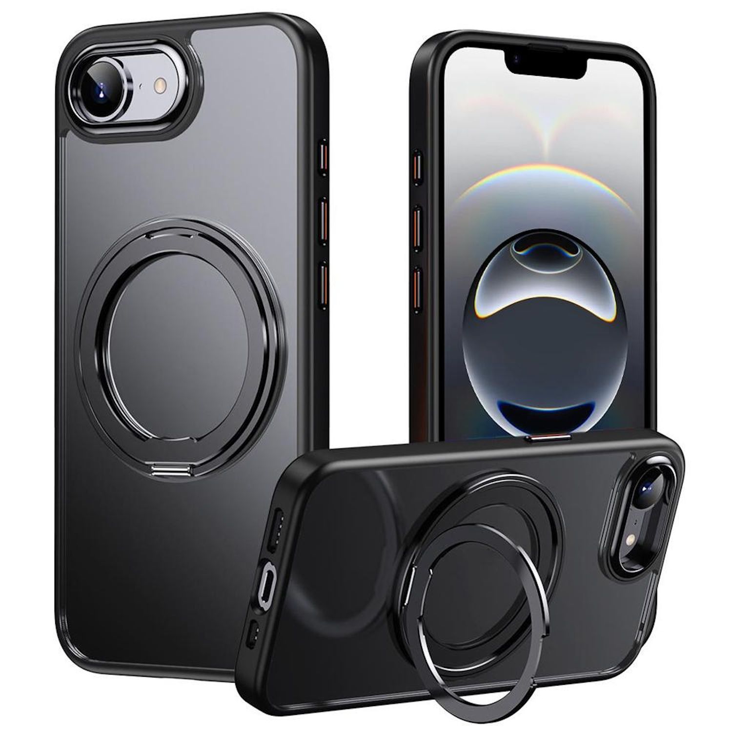 F&uuml;r Apple iPhone 16e Frosted 360 Ring MagSafe TPU + PC H&uuml;lle Schwarz - Bild 1