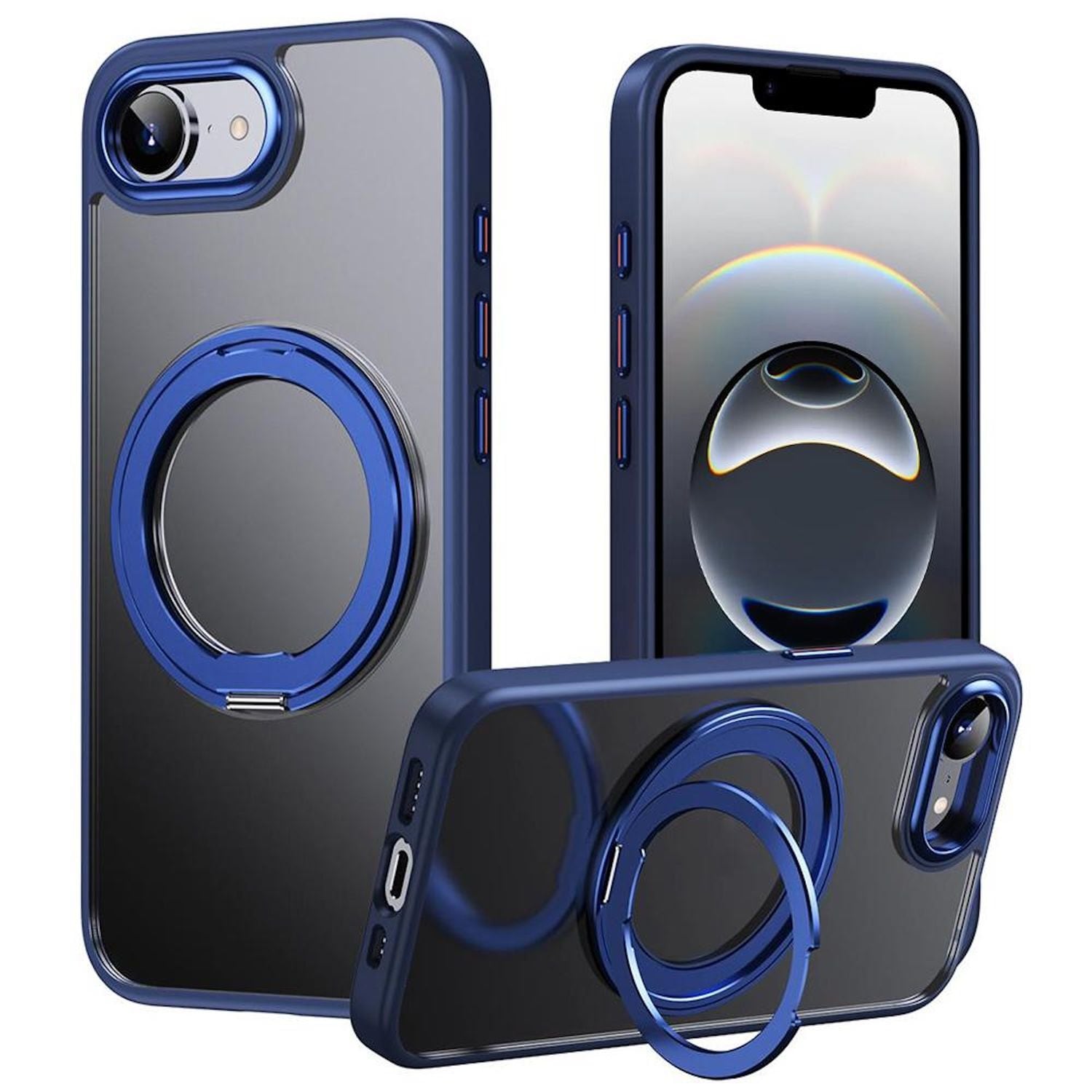 F&uuml;r Apple iPhone 16e Frosted 360 Ring MagSafe TPU + PC H&uuml;lle Case Blau - Bild 1