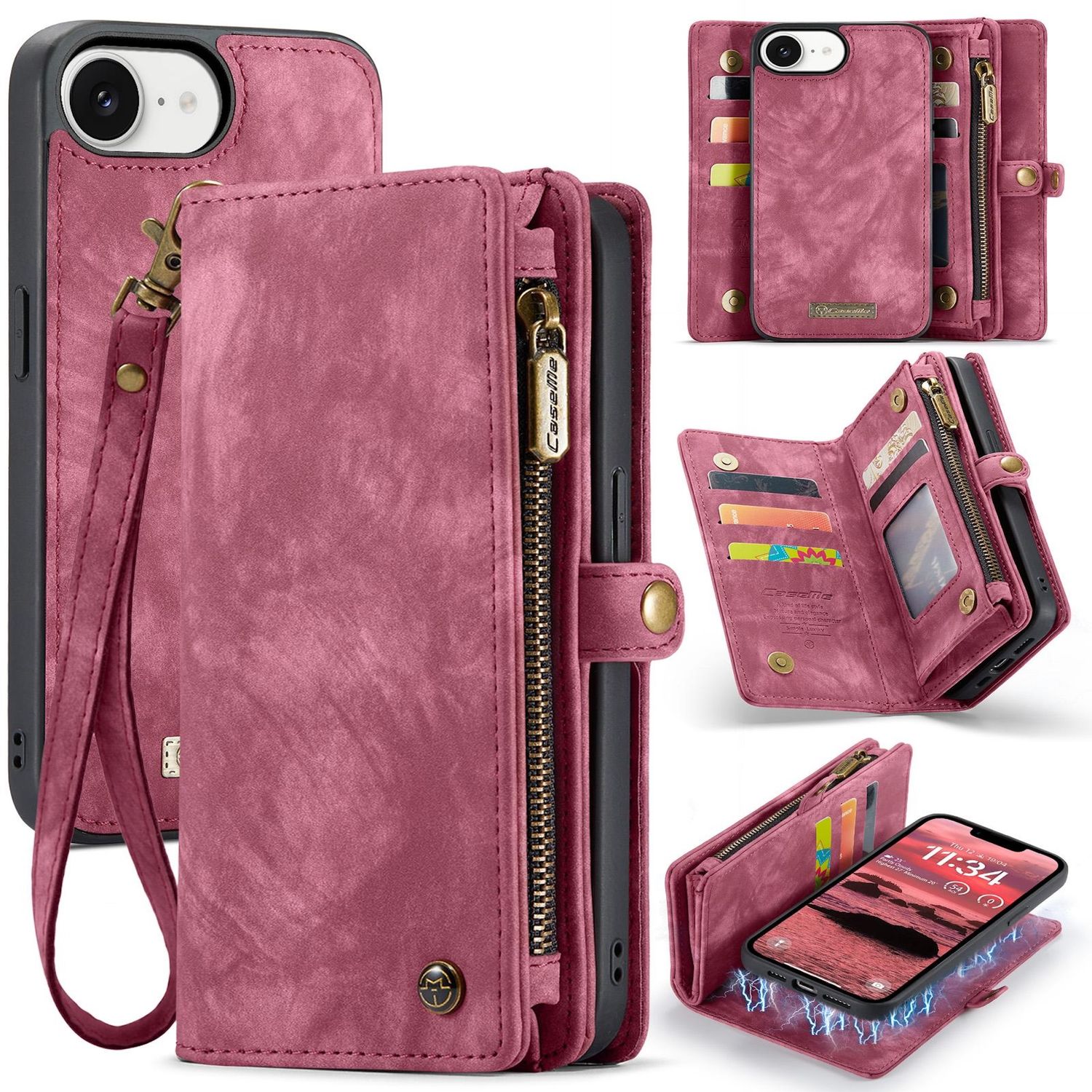 F&uuml;r Apple iPhone 16e Kunstleder Multifunktion Zipper Tasche H&uuml;lle Rot - Bild 1