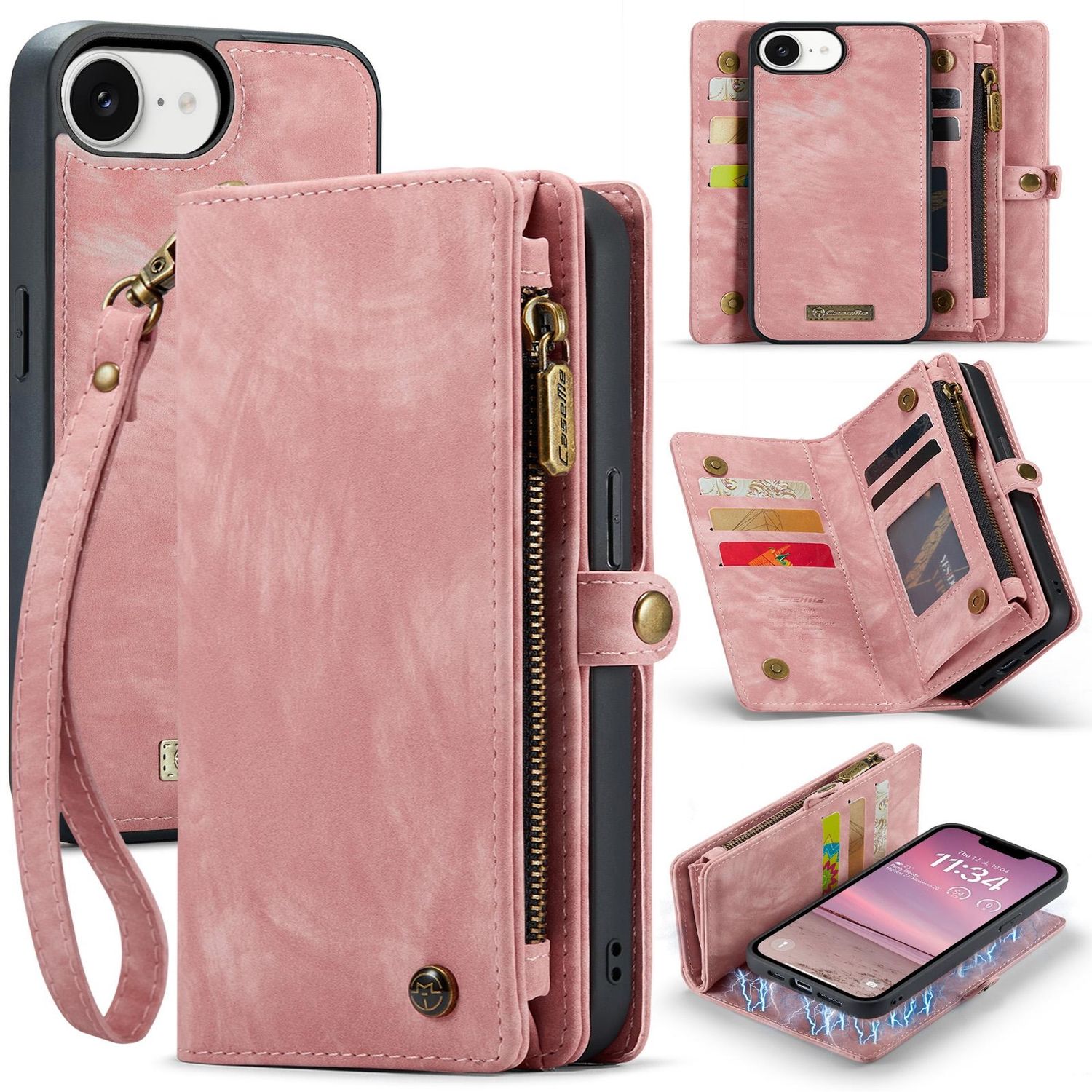 F&uuml;r Apple iPhone 16e Kunstleder Multifunktion Zipper Tasche H&uuml;lle Pink - Bild 1