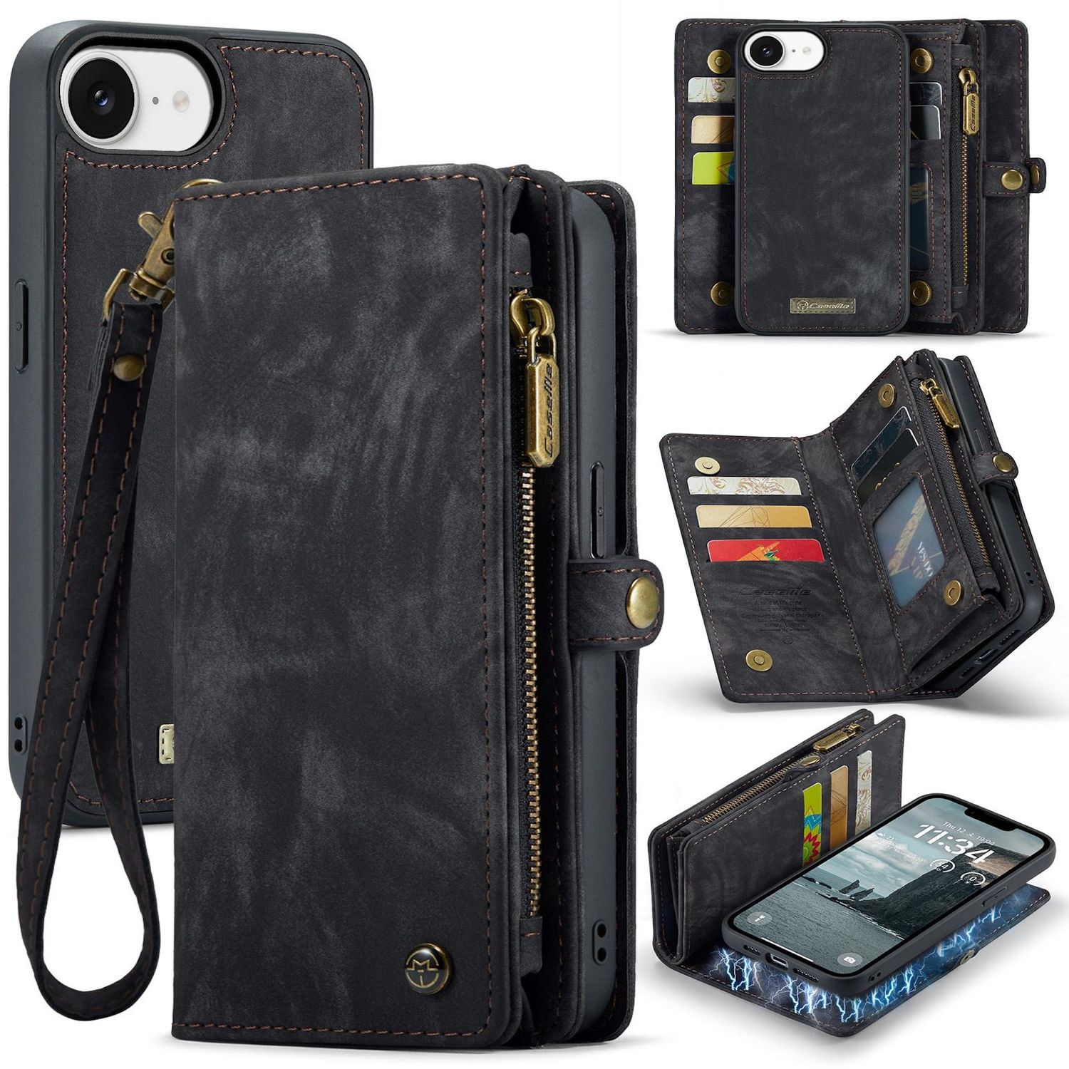 F&uuml;r Apple iPhone 16e Kunstleder Multifunktion Zipper Tasche Schwarz - Bild 1