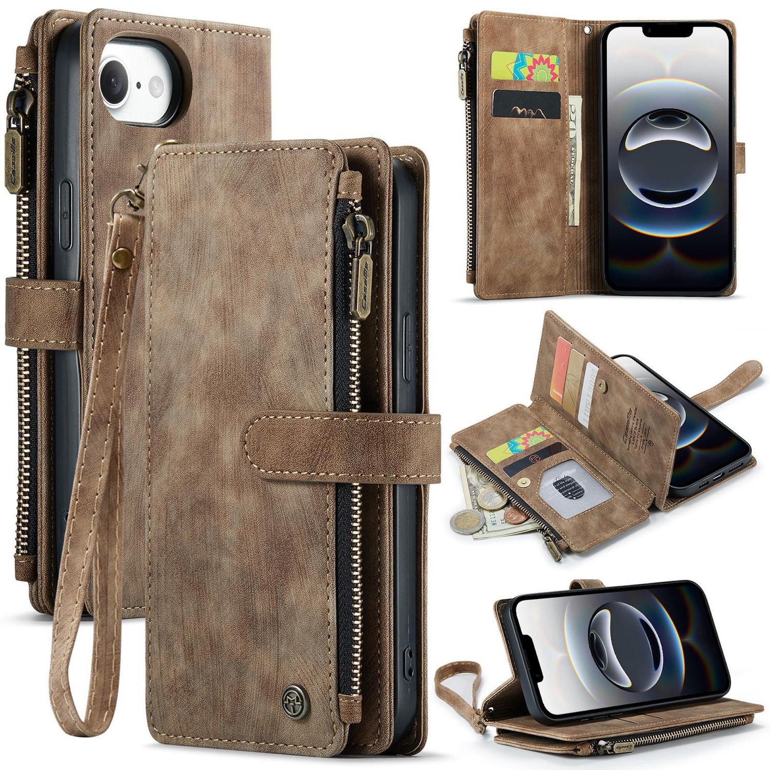 F&uuml;r Apple iPhone 16e Kunstleder Multifunktion Wallet Tasche Case Braun - Bild 1
