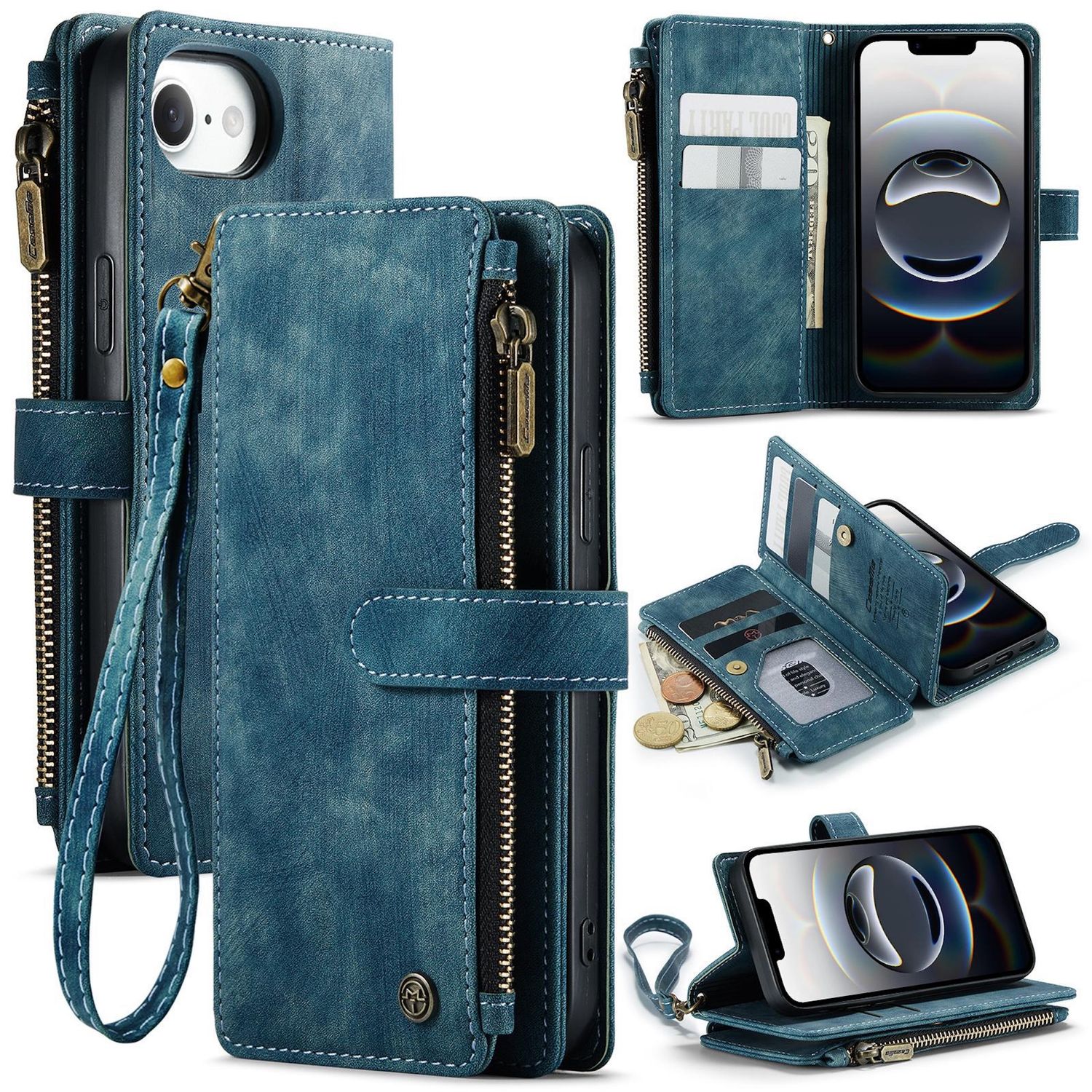 F&uuml;r Apple iPhone 16e Kunstleder Multifunktion Wallet Tasche Case Blau - Bild 1