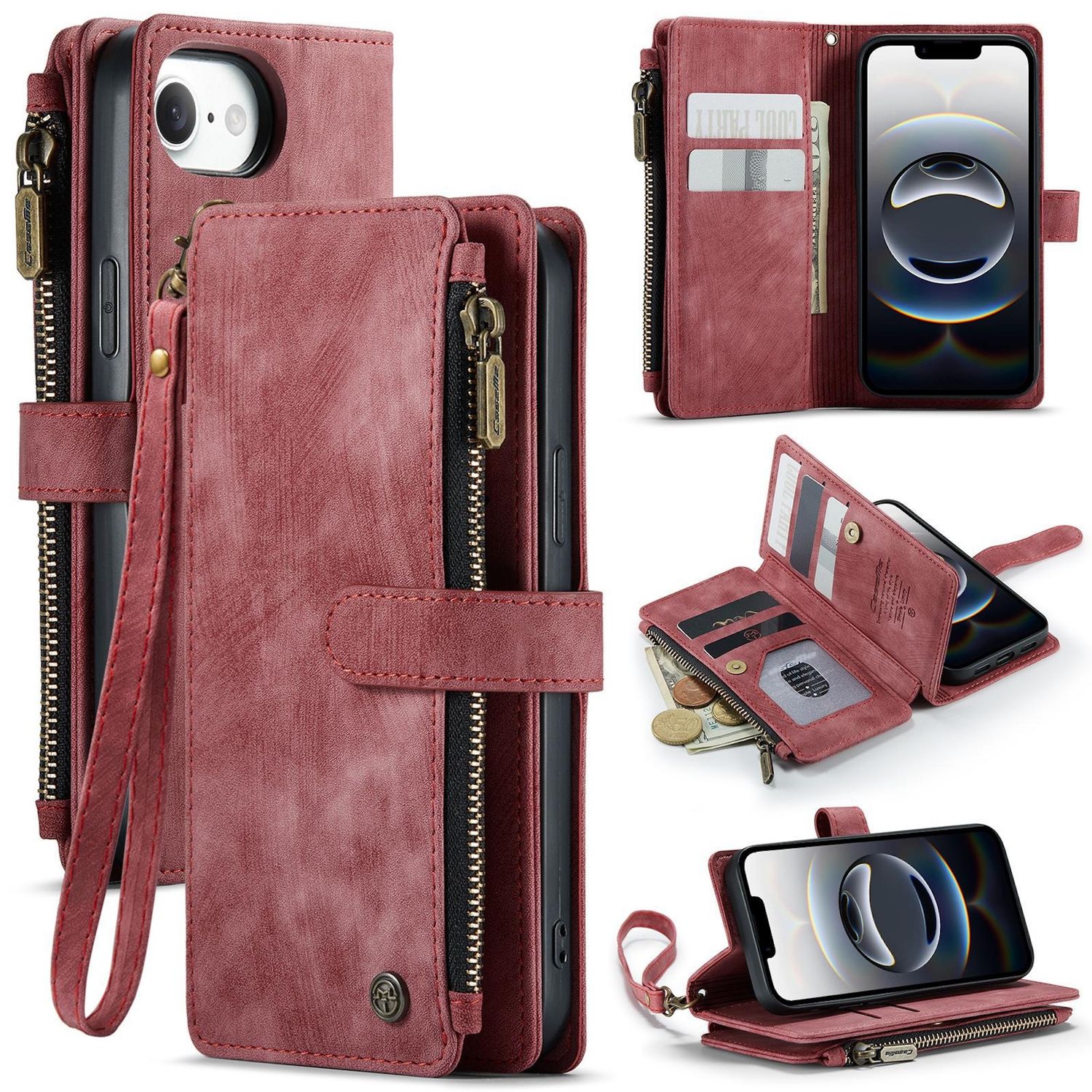 F&uuml;r Apple iPhone 16e Kunstleder Multifunktion Wallet Tasche Case Rot - Bild 1