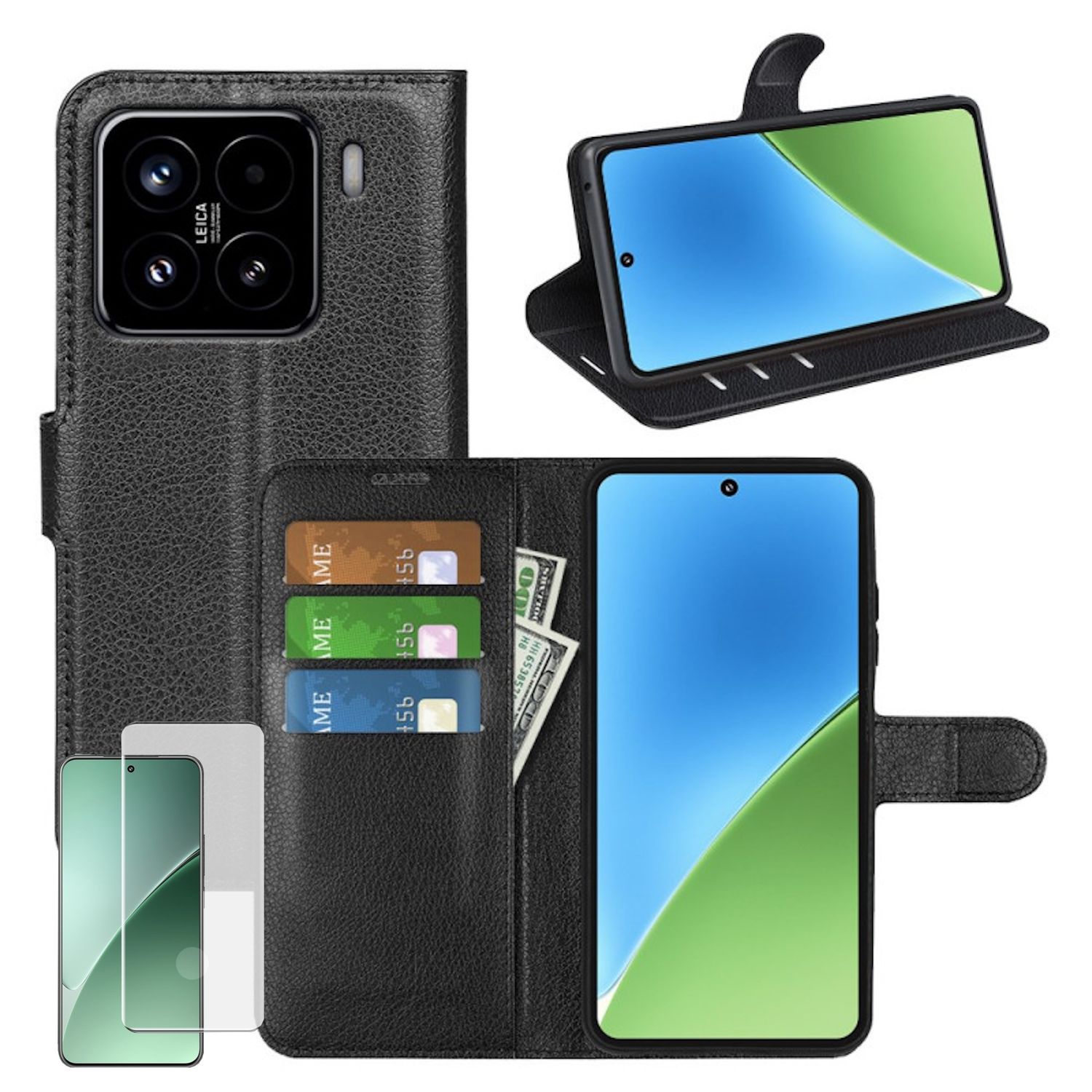 F&uuml;r Xiaomi 15 Pro Kunstleder Book Wallet Handy Tasche + 4D Curved Glas - Bild 1