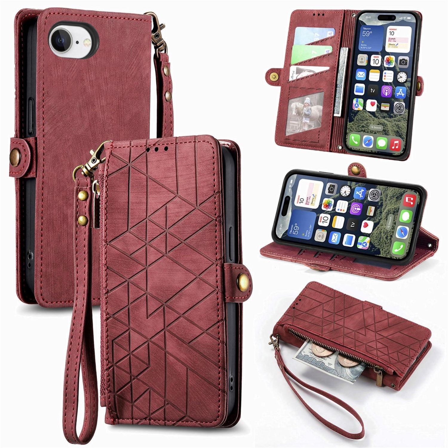 F&uuml;r Apple iPhone 16e Kunstleder Design Zipper Book Wallet Tasche Rot - Bild 1