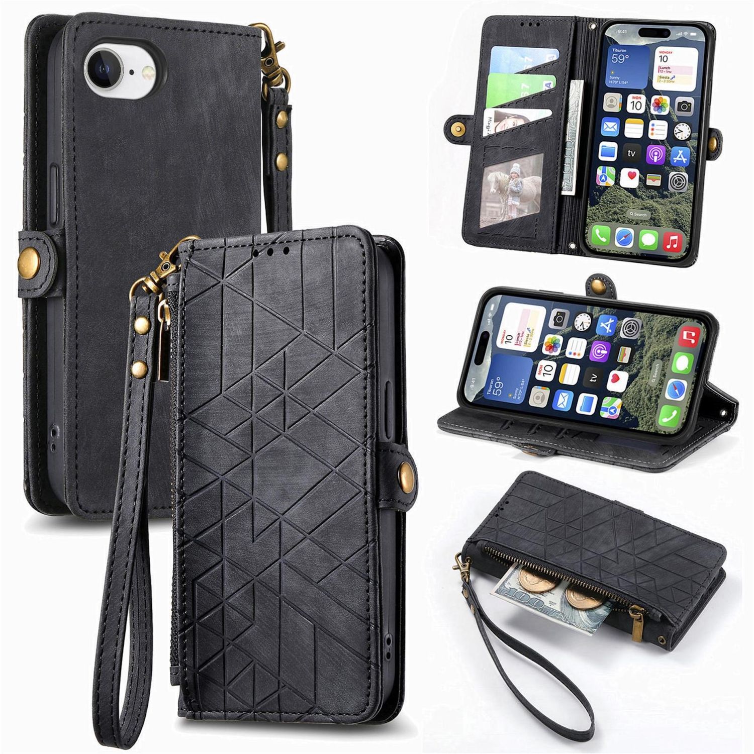 F&uuml;r Apple iPhone 16e Kunstleder Zipper Book Wallet Tasche Schwarz - Bild 1