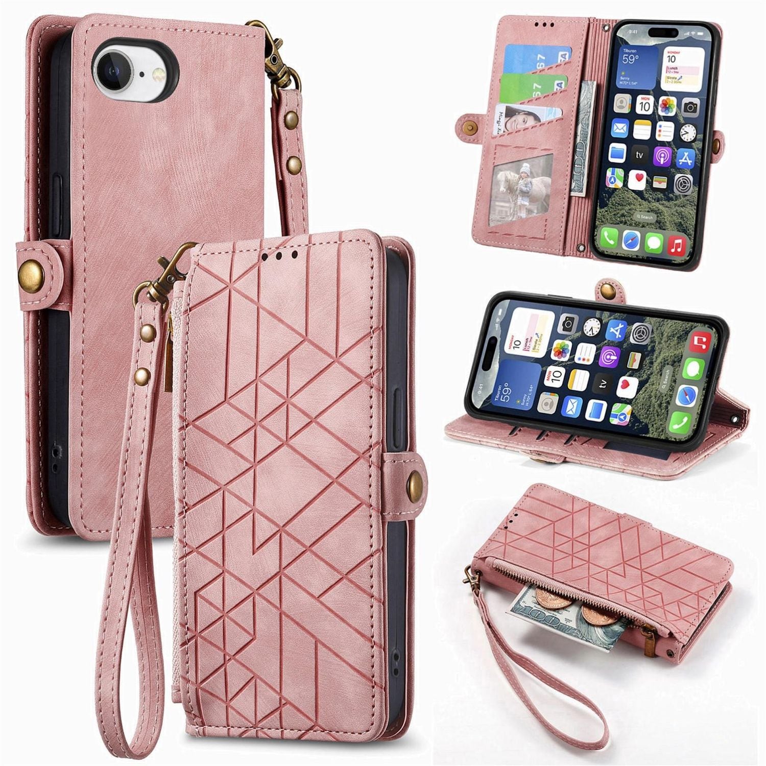F&uuml;r Apple iPhone 16e Kunstleder Design Zipper Book Wallet Tasche Rosa - Bild 1