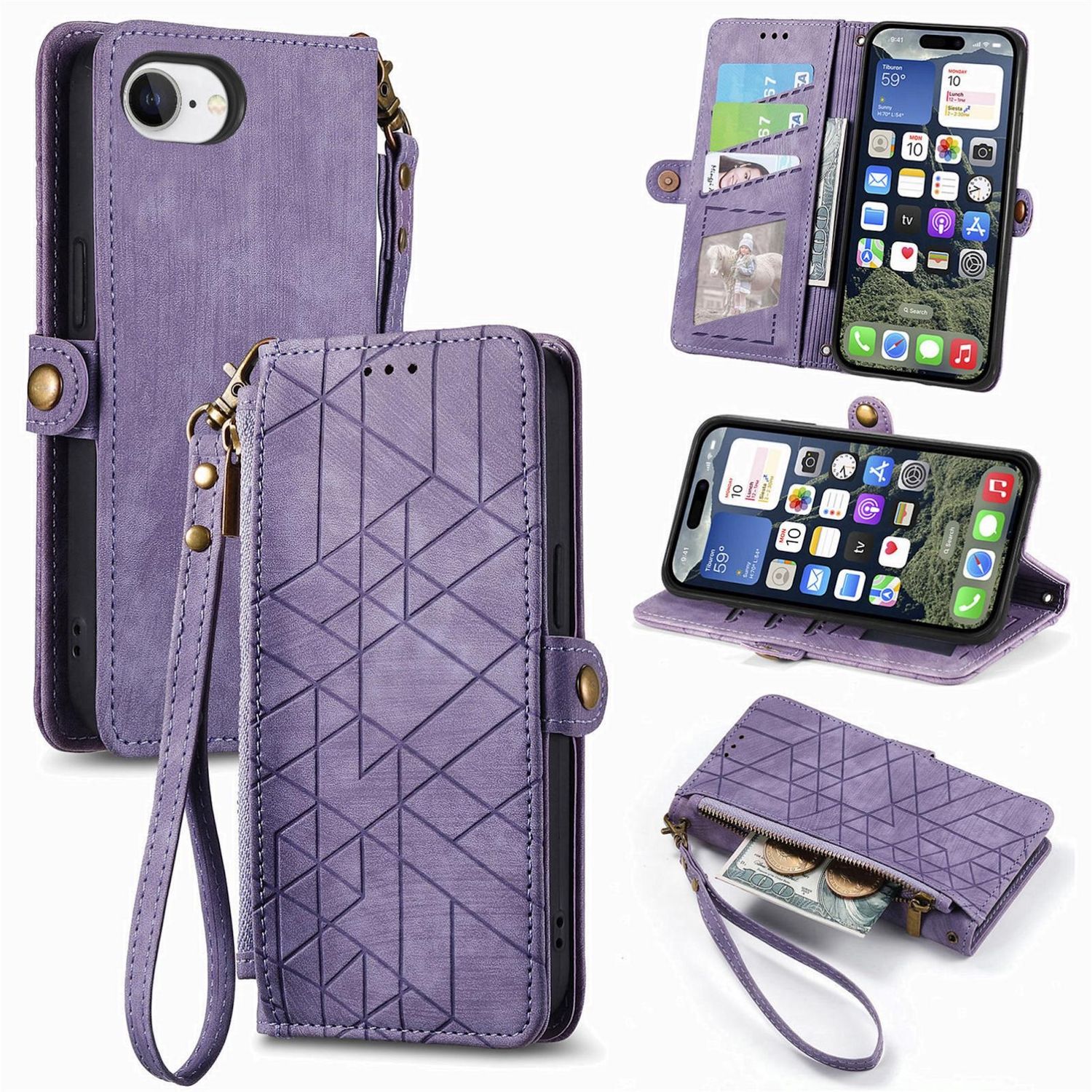 F&uuml;r Apple iPhone 16e Kunstleder Design Zipper Book Wallet Tasche Lila - Bild 1
