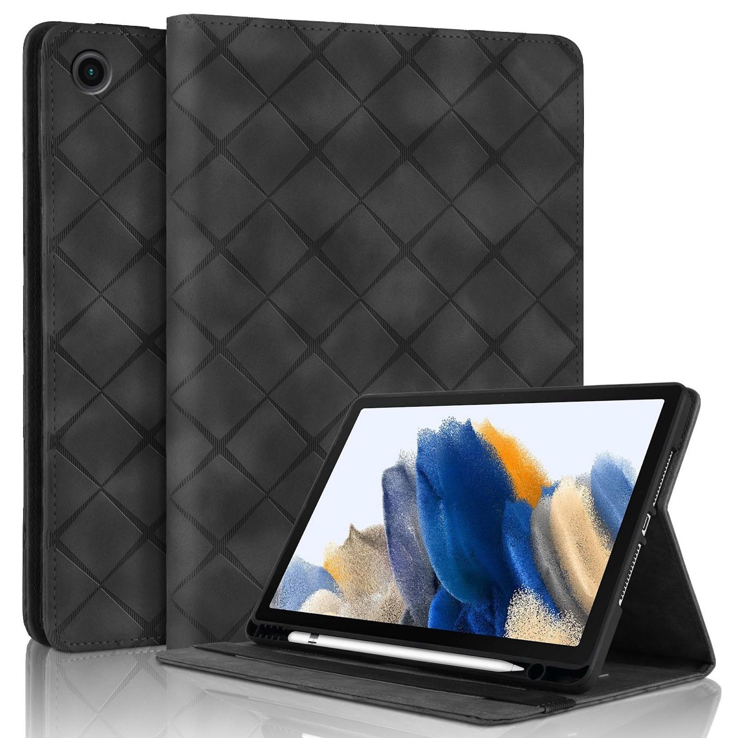 F&uuml;r Samsung Galaxy Tab A9 Plus Rhombus Kunstleder Tasche Schwarz - Bild 1