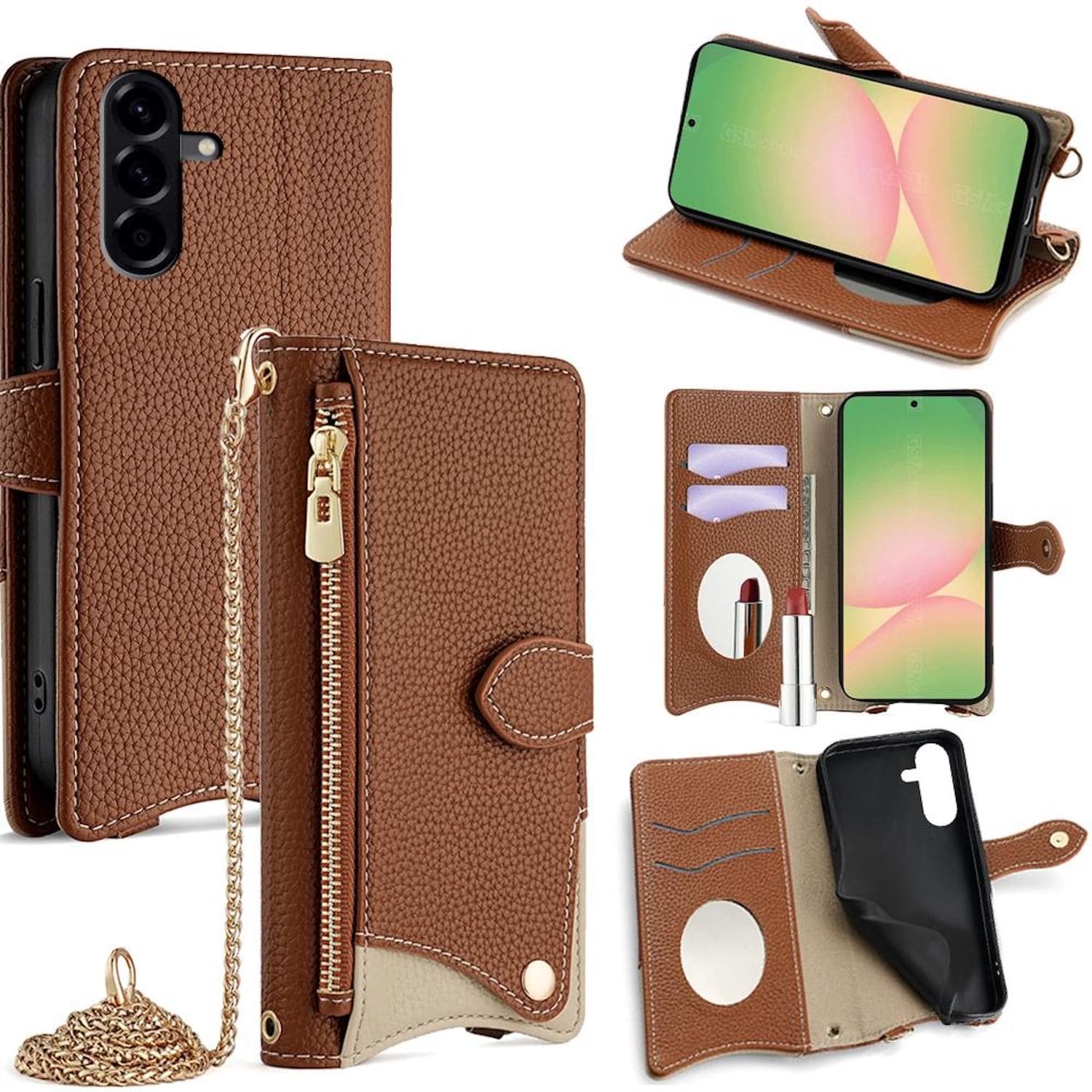 F&uuml;r Samsung Galaxy A56 Design Crossbody Kette Kunstleder Tasche Braun - Bild 1