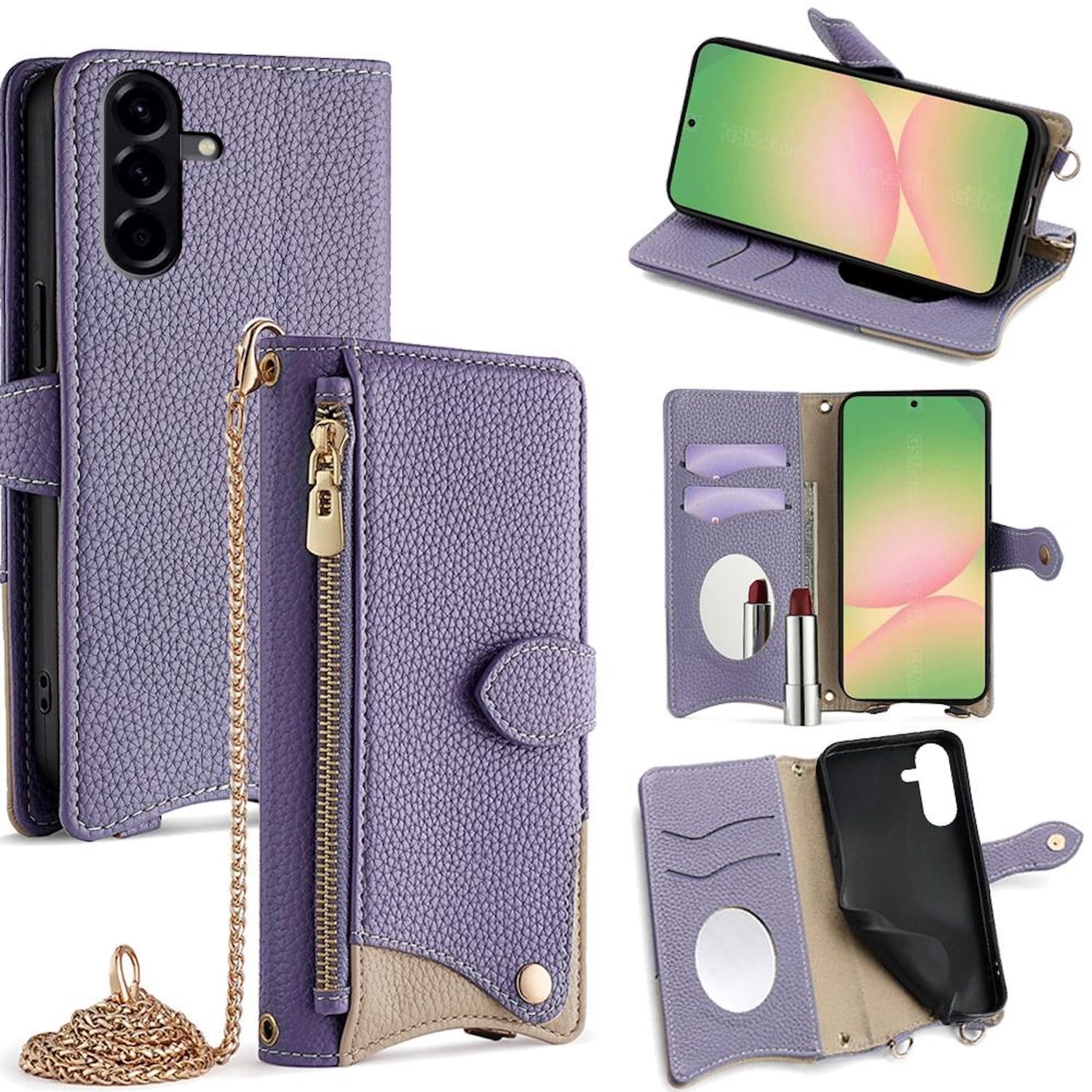 F&uuml;r Samsung Galaxy A56 Design Crossbody Kette Kunstleder Tasche Lila - Bild 1