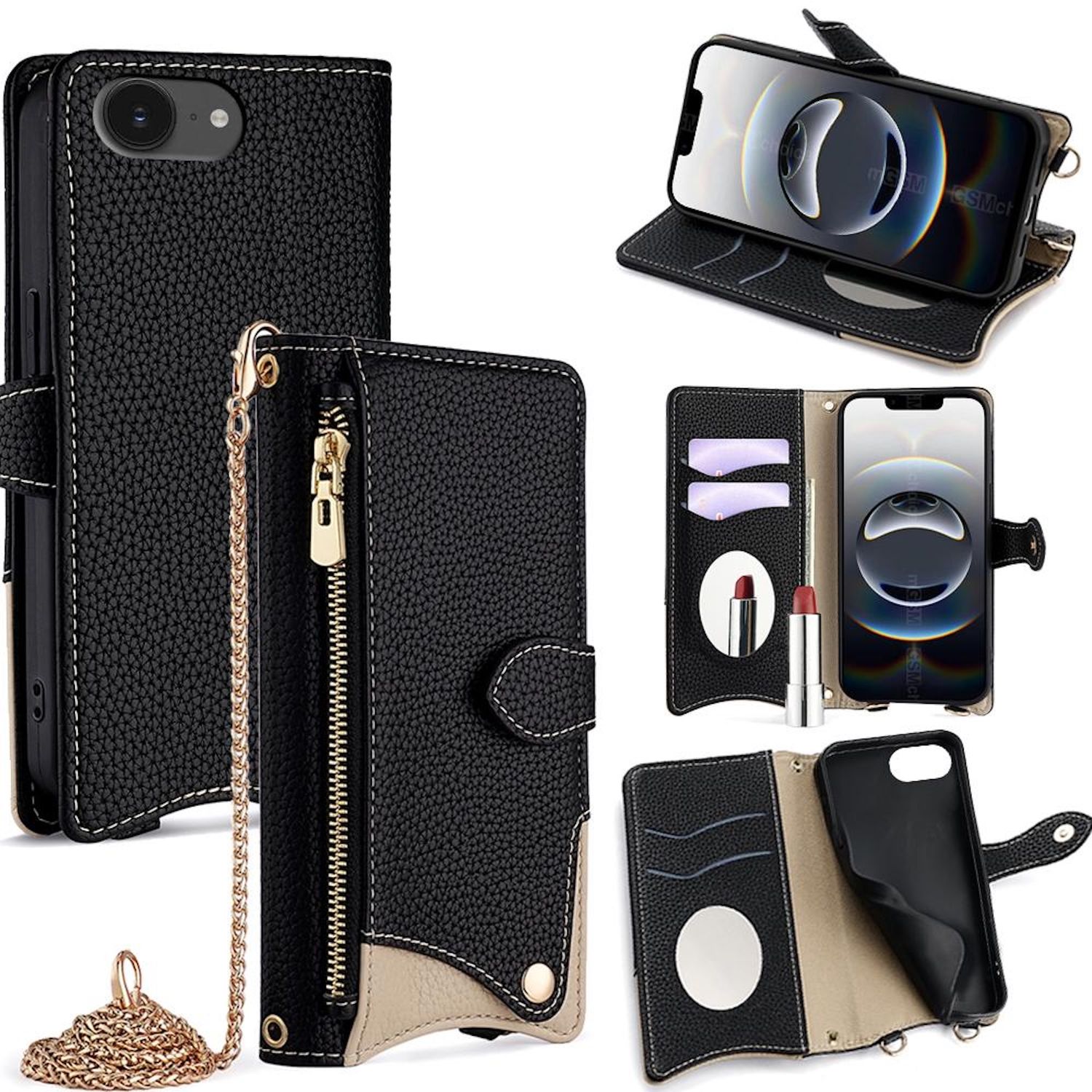 F&uuml;r Apple iPhone 16e Design Crossbody Kunstleder Schutz Tasche Schwarz - Bild 1
