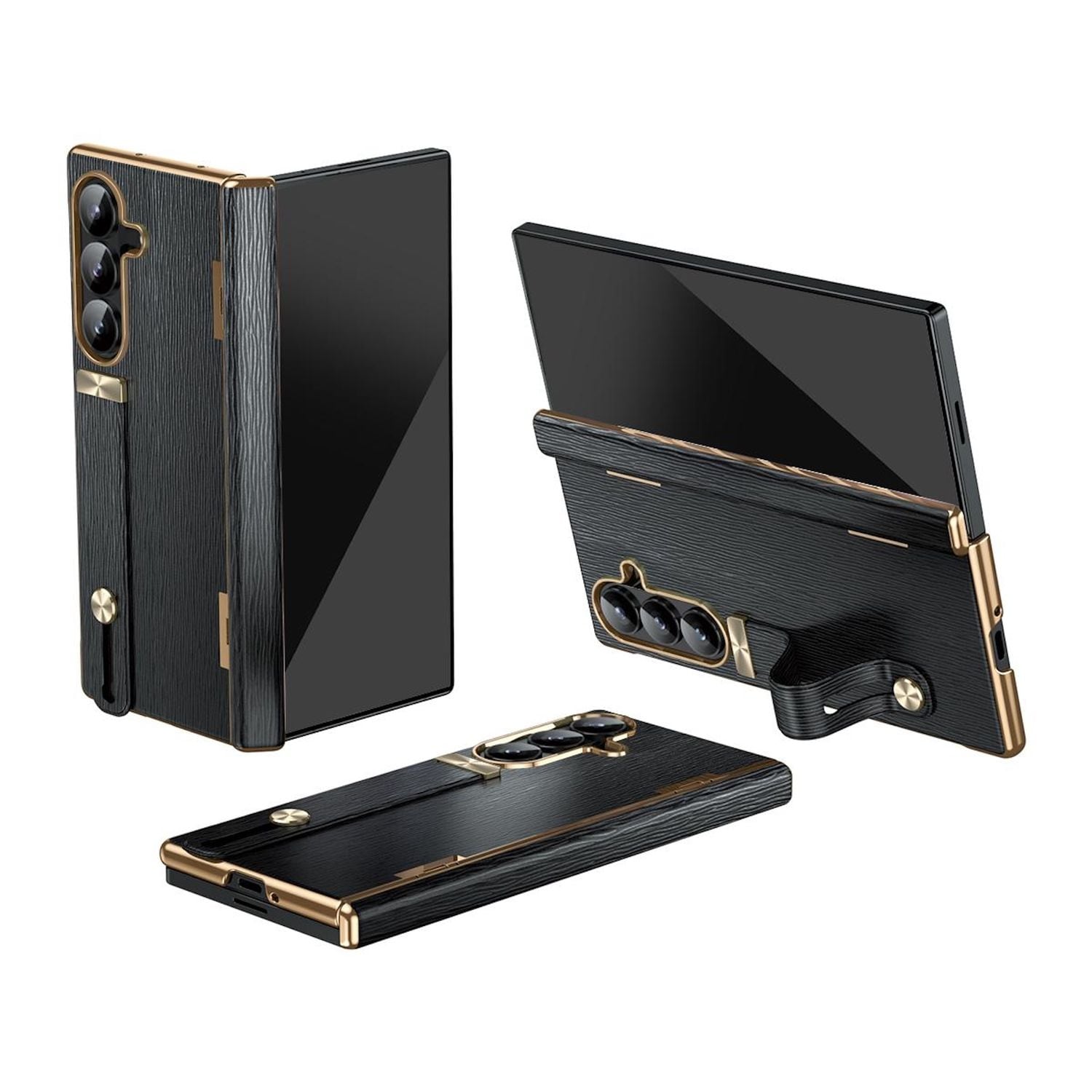 F&uuml;r Samsung Galaxy Z Fold7 Design Leder H&uuml;lle mit Handriemen Schwarz - Bild 1