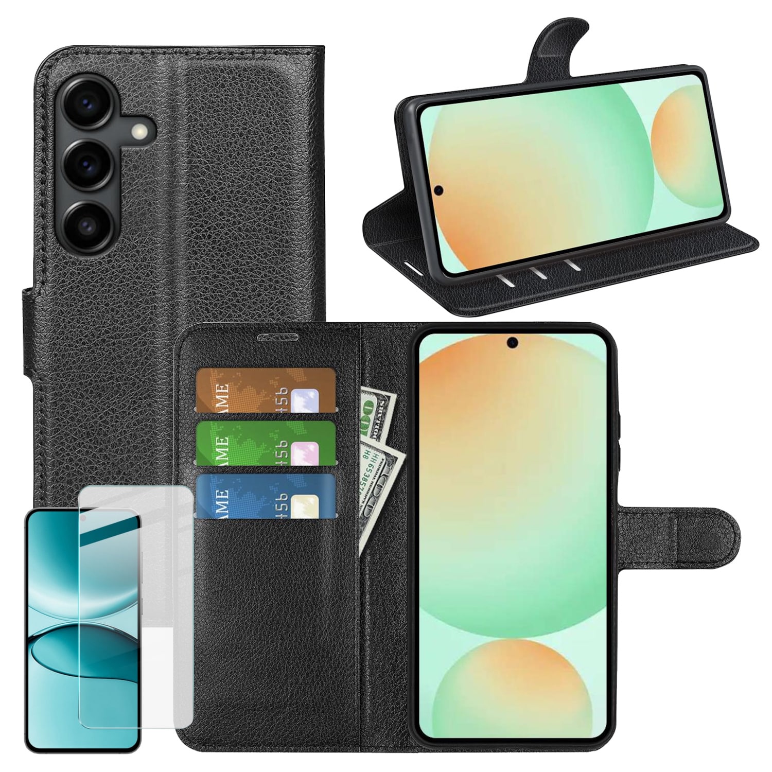 F&uuml;r Samsung Galaxy S25 FE Kunstleder Book H&uuml;lle Schwarz + 9H Hart Glas - Bild 1