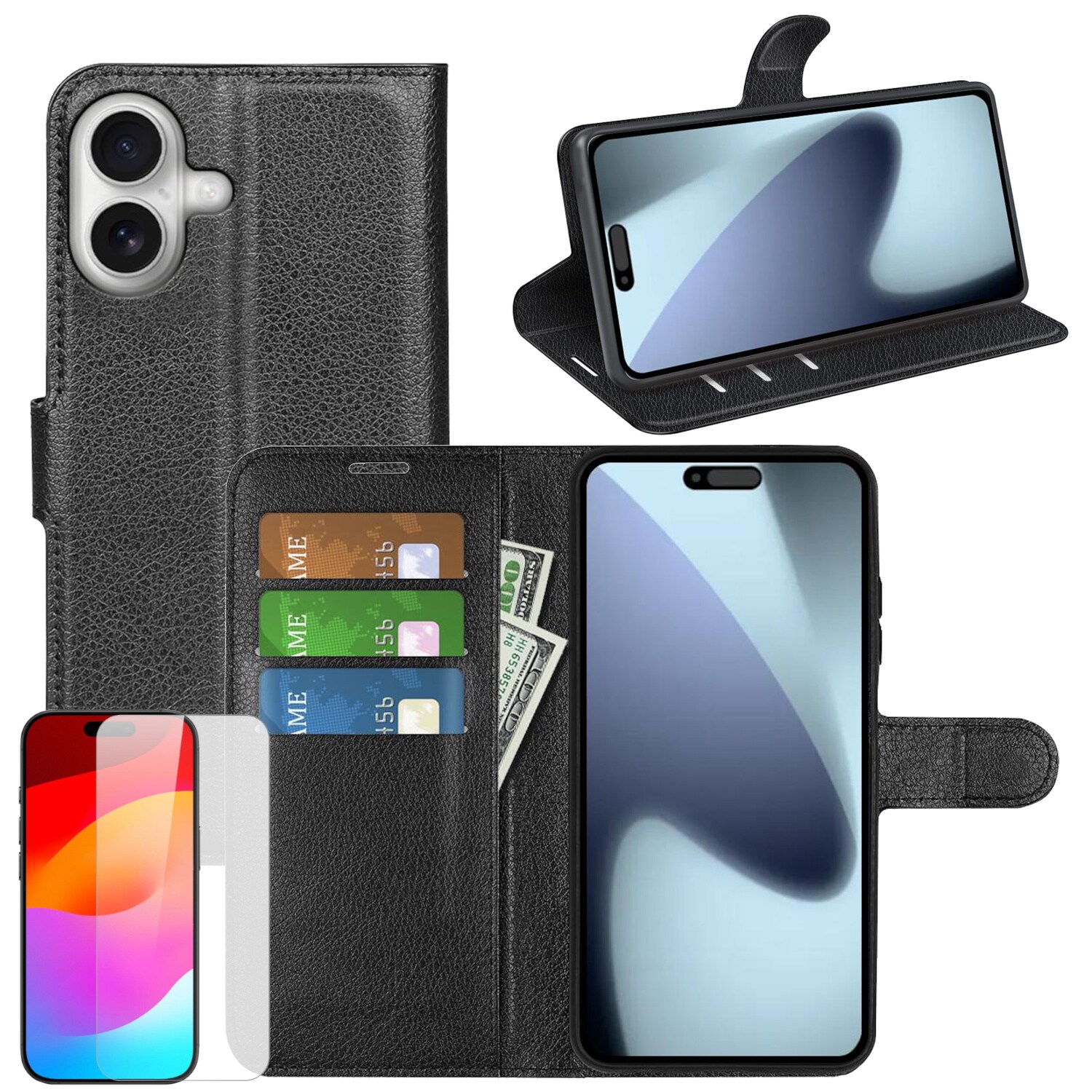 F&uuml;r Apple iPhone 17 Kunstleder Wallet H&uuml;lle Schwarz + 9H Hart Glas - Bild 1