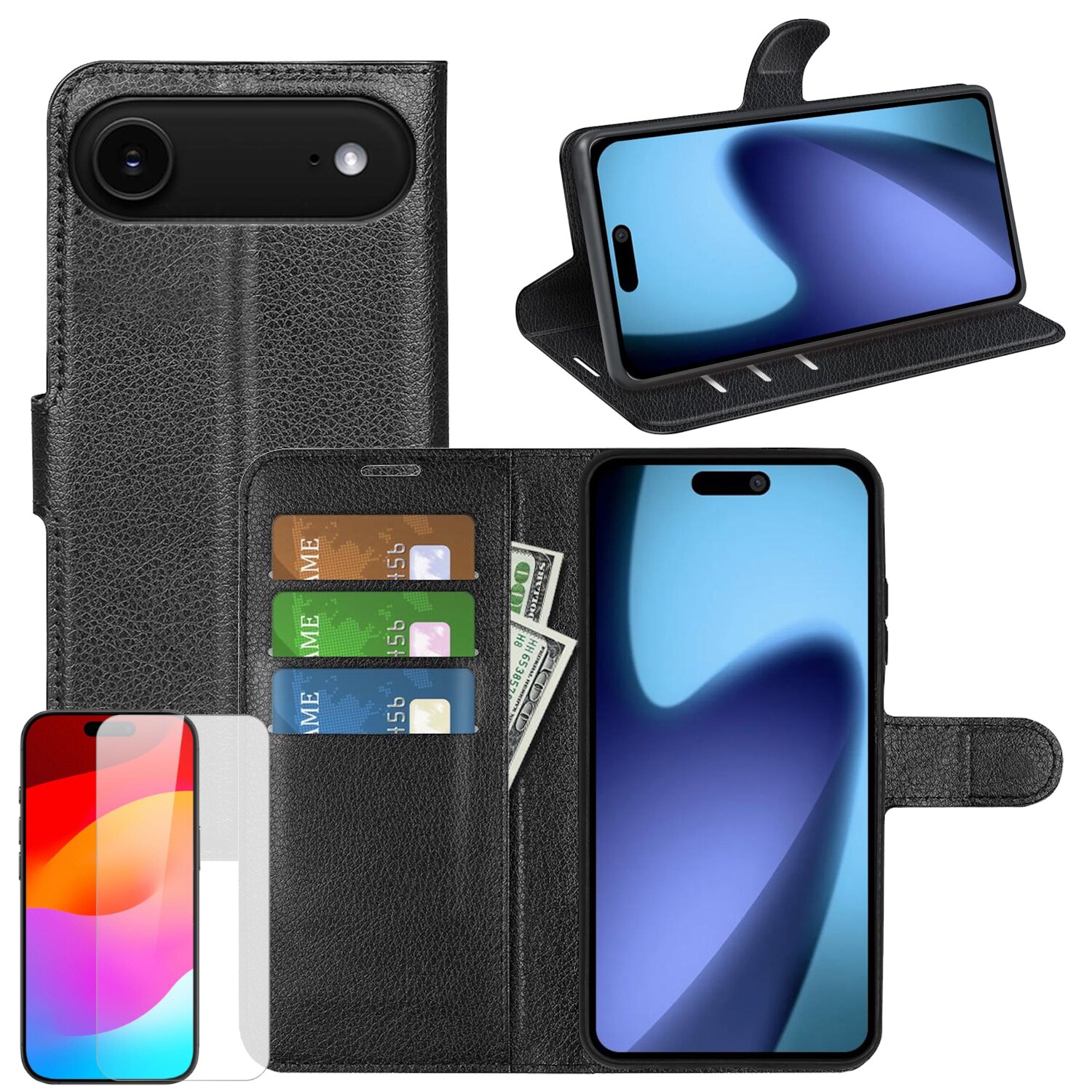 F&uuml;r Apple iPhone 17 Air Kunstleder Wallet H&uuml;lle Schwarz + 9H Hart Glas - Bild 1