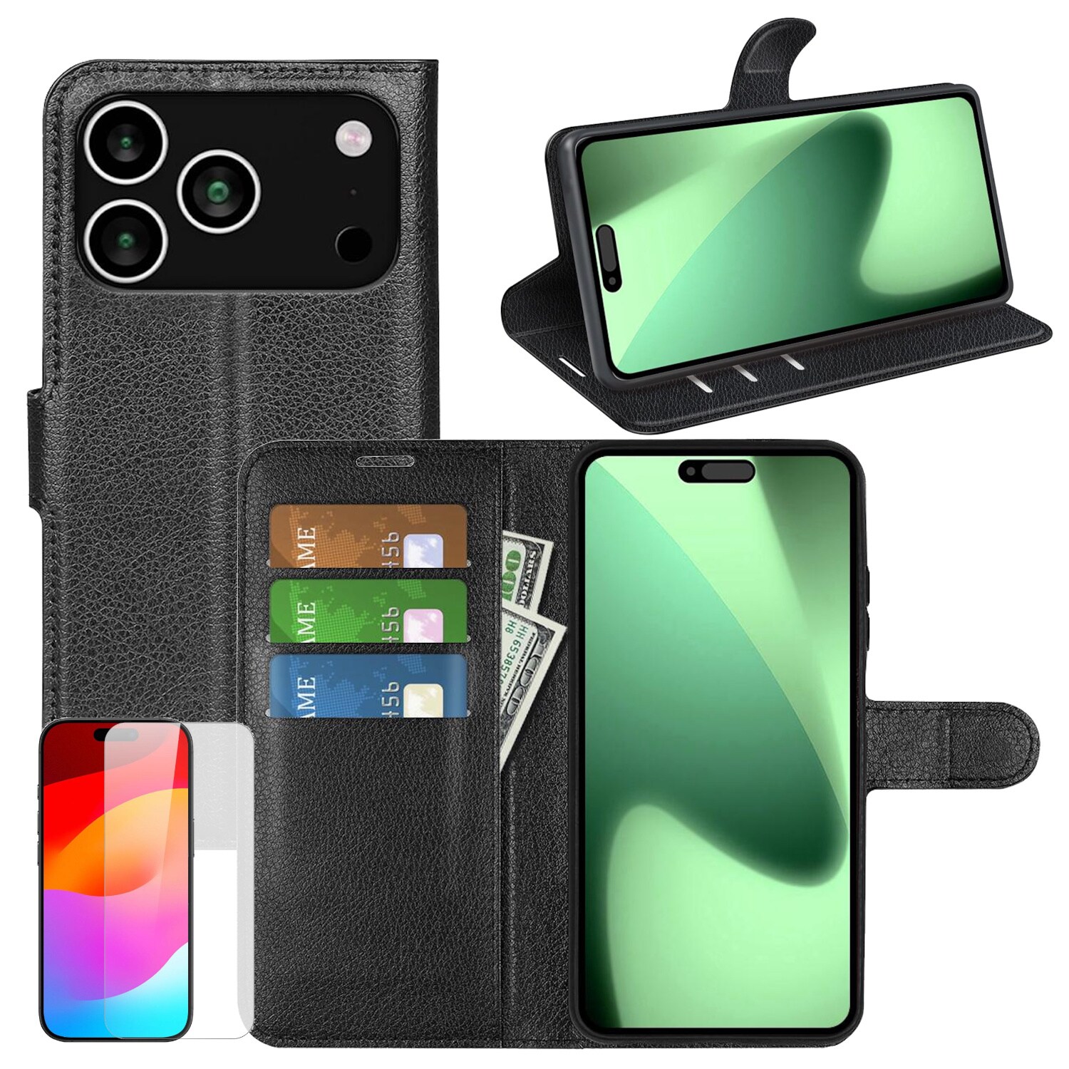 F&uuml;r Apple iPhone 17 Pro Kunstleder Wallet H&uuml;lle Schwarz + 9H Hart Glas - Bild 1