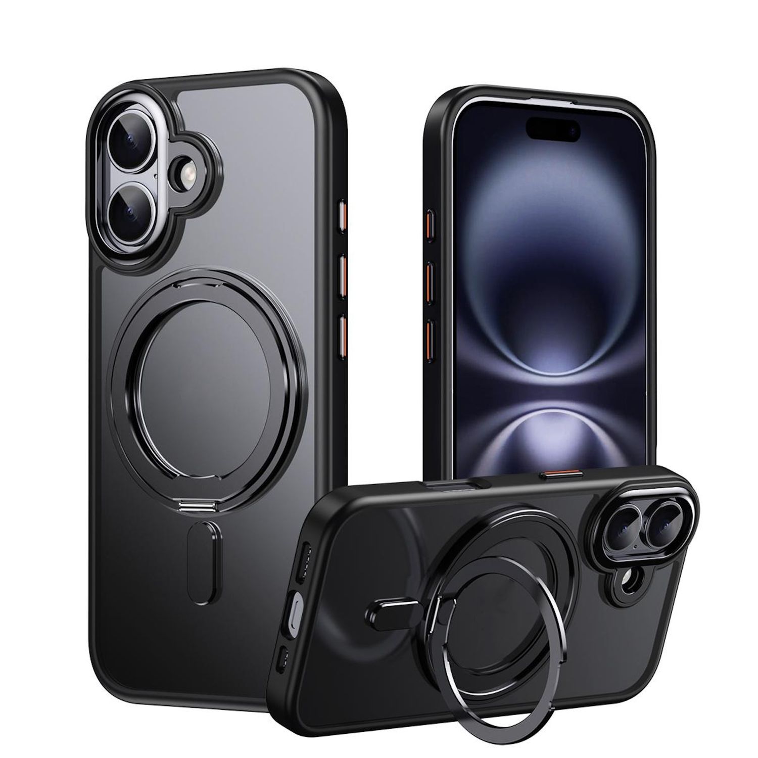 F&uuml;r Apple iPhone 17 Frosted 360 Ring MagSafe TPU + PC H&uuml;lle Schwarz - Bild 1