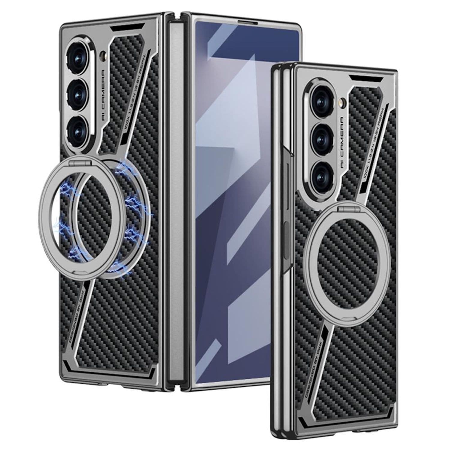 F&uuml;r Samsung Galaxy Z Fold7 Electroplating MagSafe Leder H&uuml;lle Carbon - Bild 1