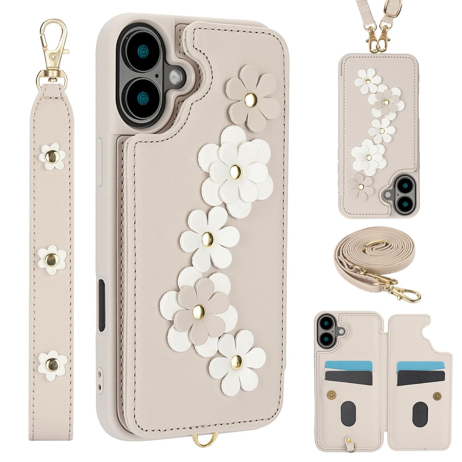 F&uuml;r Apple iPhone 17 H&uuml;lle Crossbody Kunstleder mit Blumenmuster Wei&szlig; - Bild 1