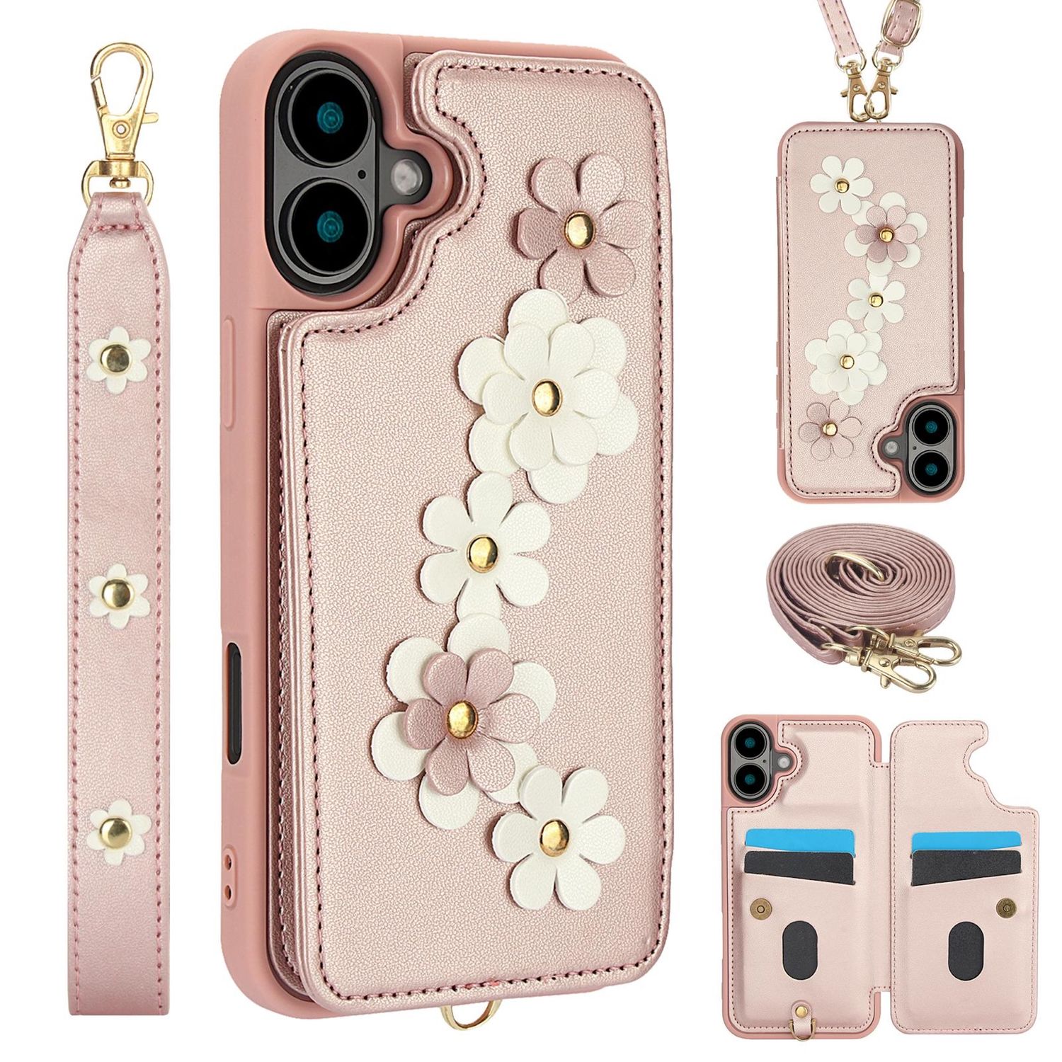 F&uuml;r Apple iPhone 17 H&uuml;lle Crossbody Kunstleder Blumenmuster Rose Gold - Bild 1
