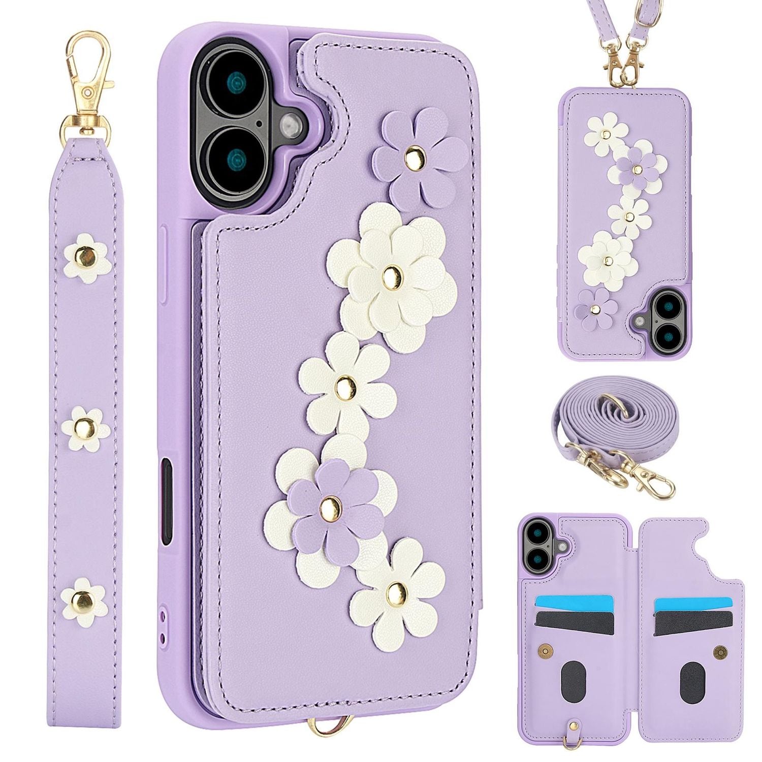 F&uuml;r Apple iPhone 17 H&uuml;lle Crossbody Kunstleder mit Blumenmuster Lila - Bild 1