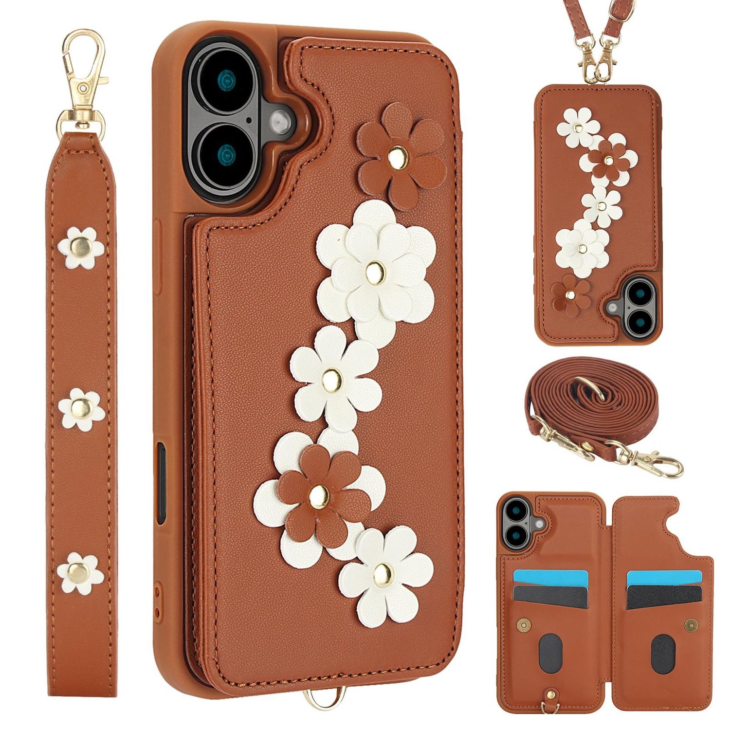 F&uuml;r Apple iPhone 17 H&uuml;lle Crossbody Kunstleder mit Blumenmuster Braun - Bild 1