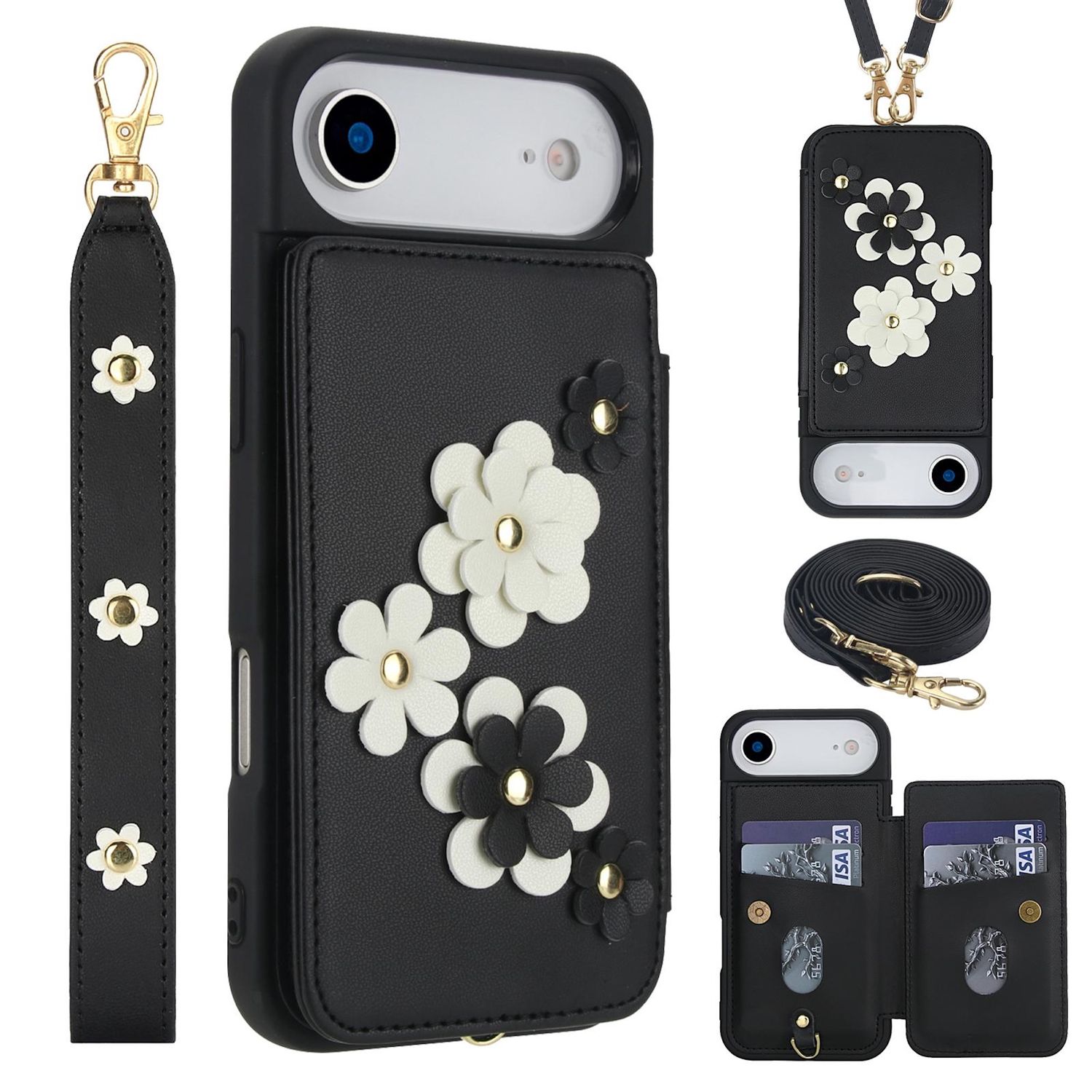 F&uuml;r Apple iPhone 17 Air Crossbody Kunstleder Blumen H&uuml;lle Schwarz - Bild 1