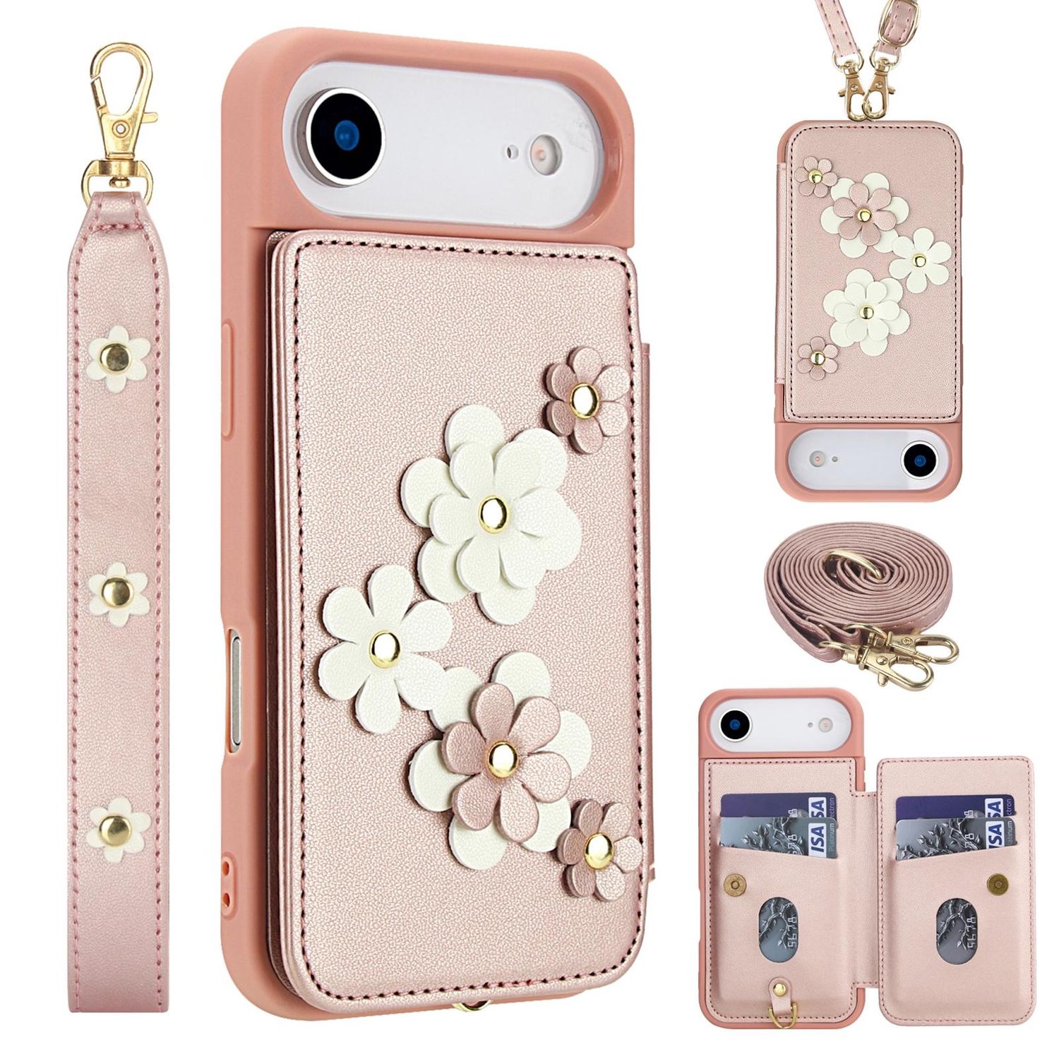 F&uuml;r Apple iPhone 17 Air Crossbody Kunstleder Blumen H&uuml;lle Rose Gold - Bild 1