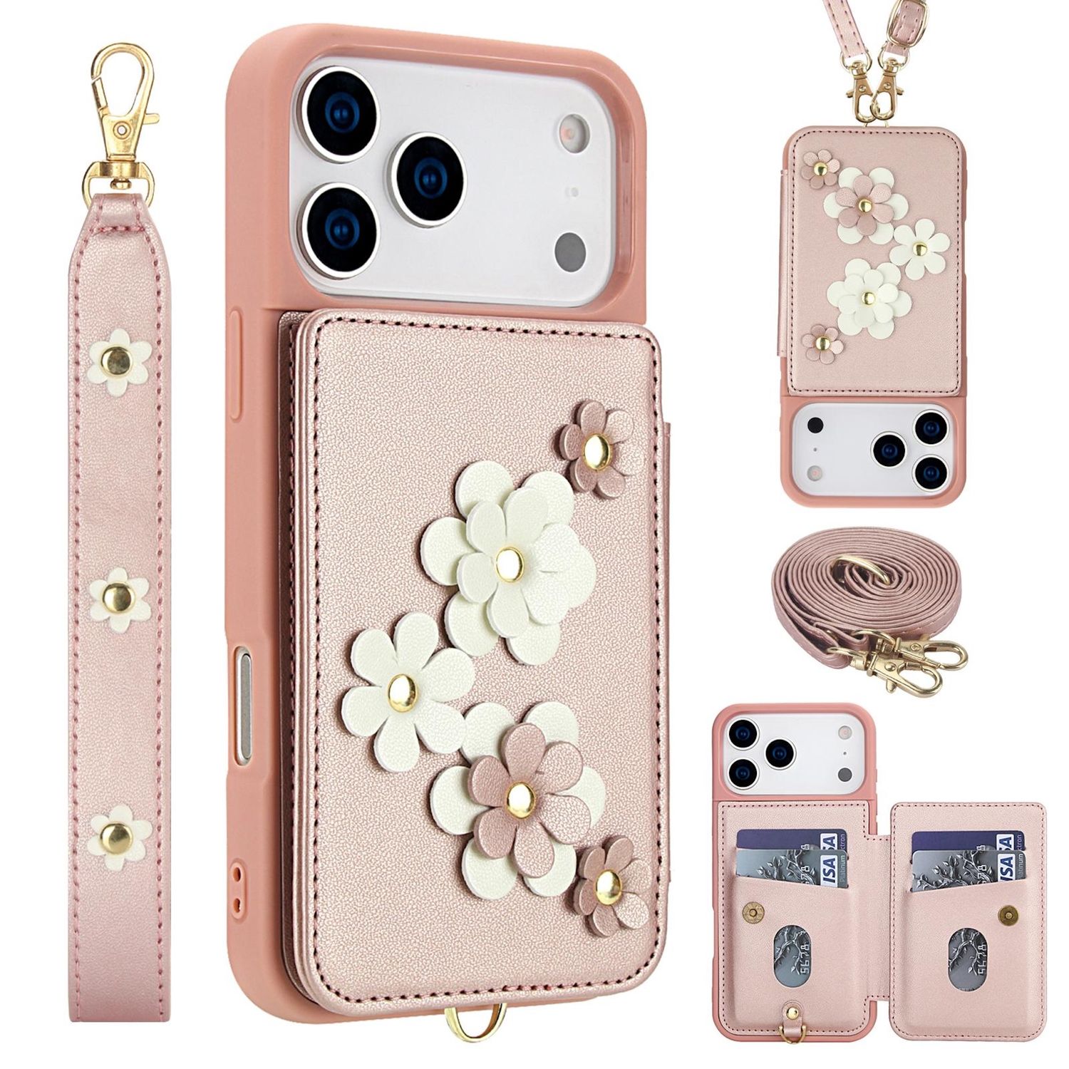 F&uuml;r Apple iPhone 17 Pro Crossbody Kunstleder Blumen H&uuml;lle Rose Gold - Bild 1