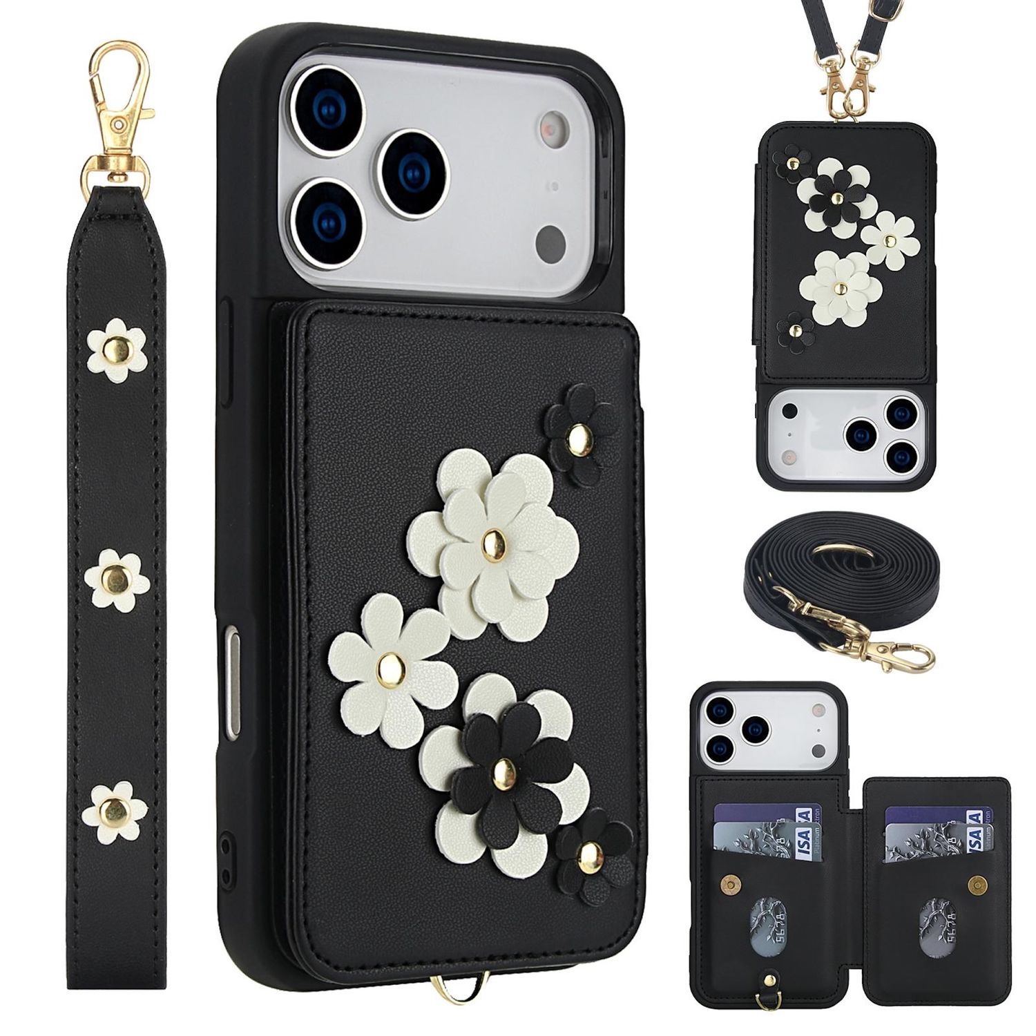 F&uuml;r Apple iPhone 17 Pro Max Crossbody Kunstleder Blumen H&uuml;lle Schwarz - Bild 1