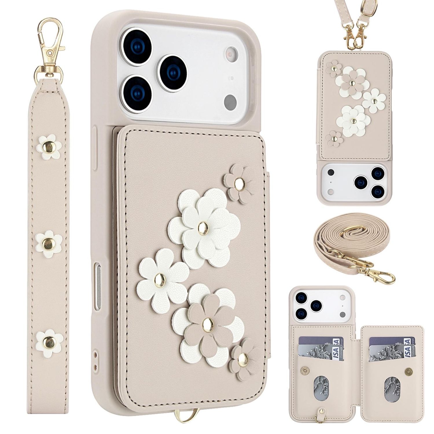 F&uuml;r Apple iPhone 17 Pro Max Crossbody Kunstleder Blumen H&uuml;lle Wei&szlig; - Bild 1