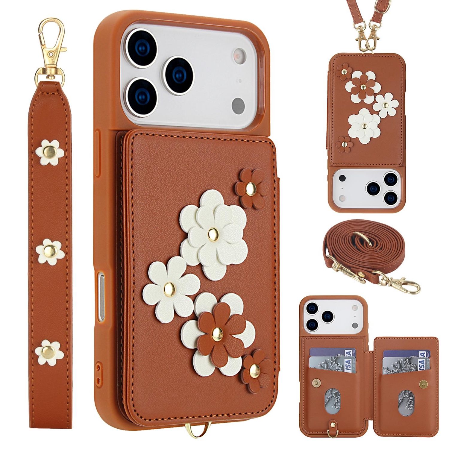 F&uuml;r Apple iPhone 17 Pro Max Crossbody Kunstleder Blumen H&uuml;lle Braun - Bild 1