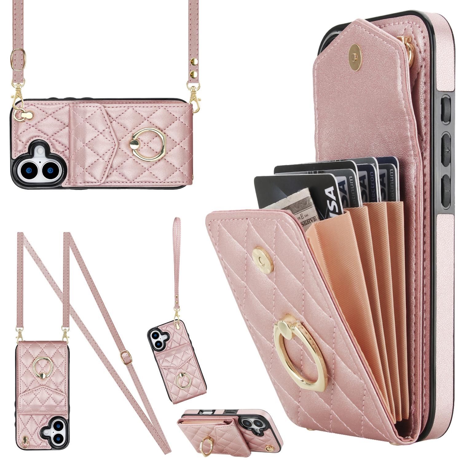 F&uuml;r Apple iPhone 17 Crossbody Kunstleder Rhombic H&uuml;lle Rose Gold - Bild 1