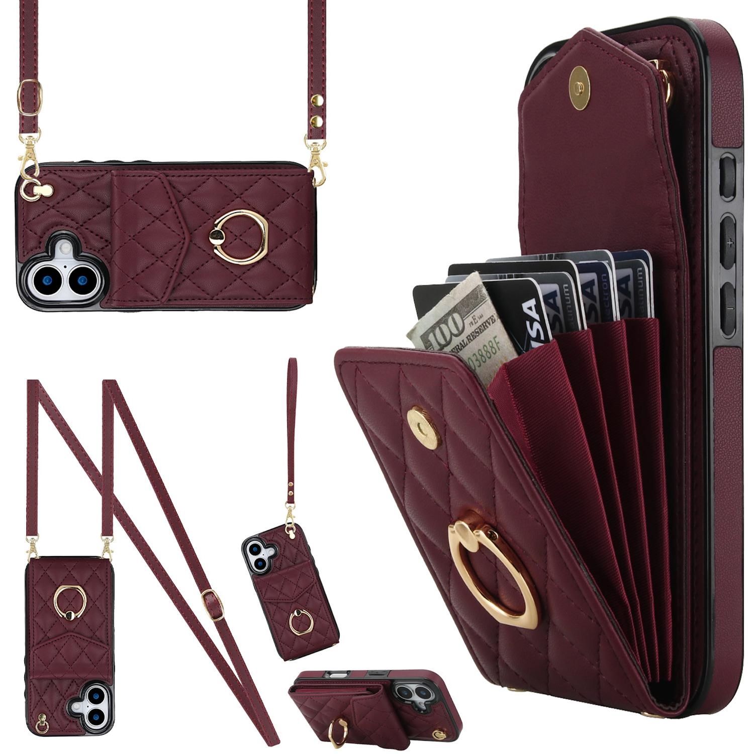 F&uuml;r Apple iPhone 17 Crossbody Kunstleder Rhombic Design H&uuml;lle Weinrot - Bild 1