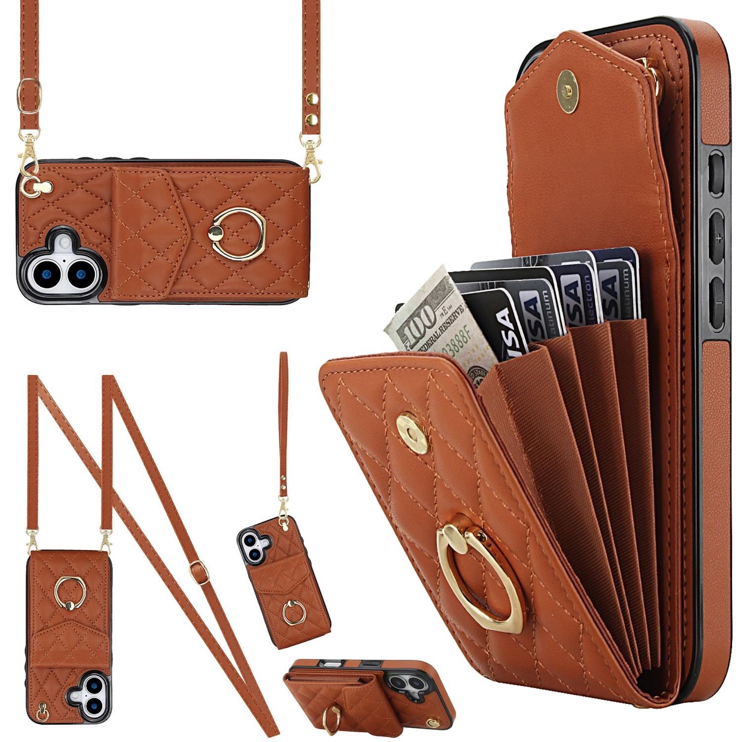 F&uuml;r Apple iPhone 17 Crossbody Kunstleder Rhombic Design H&uuml;lle Braun - Bild 1
