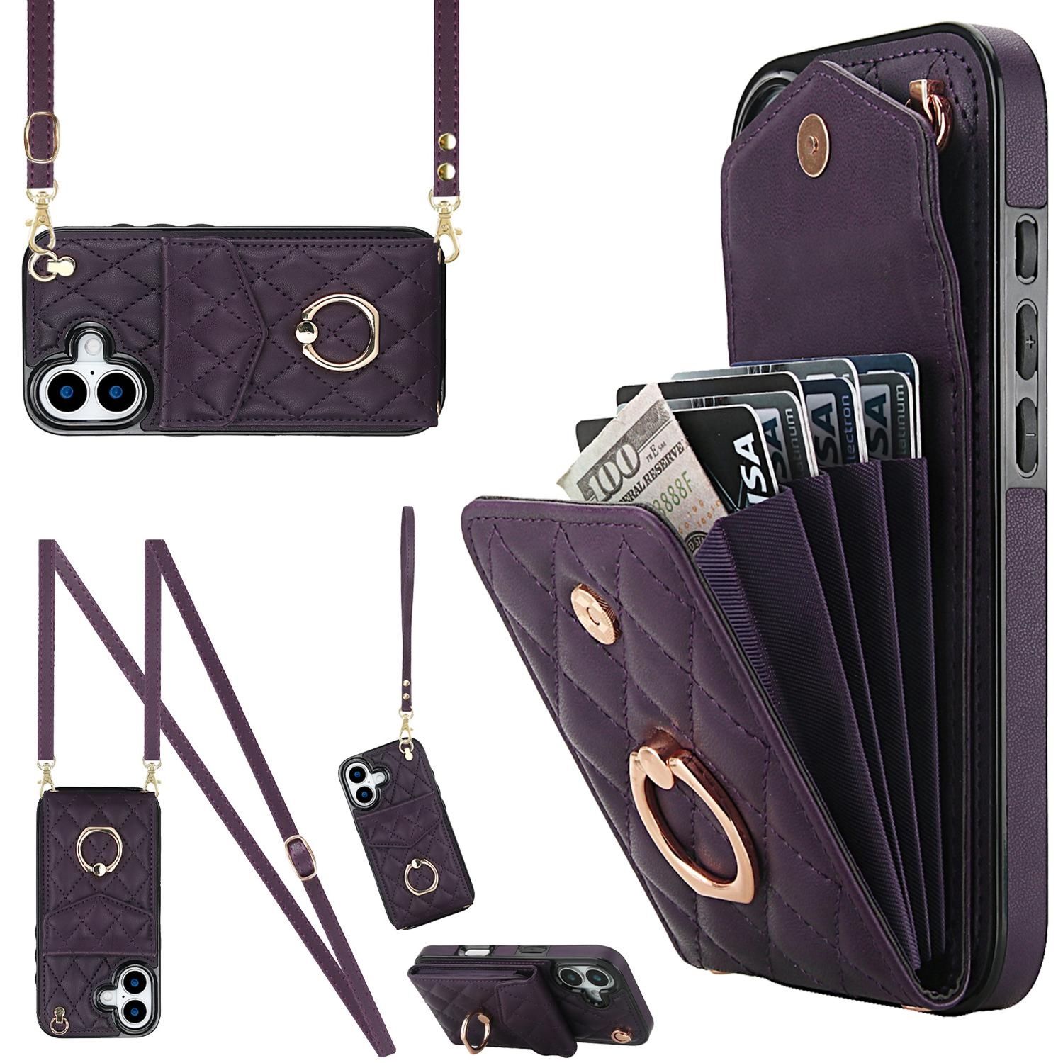F&uuml;r Apple iPhone 17 Crossbody Kunstleder Rhombic Design H&uuml;lle Lila - Bild 1