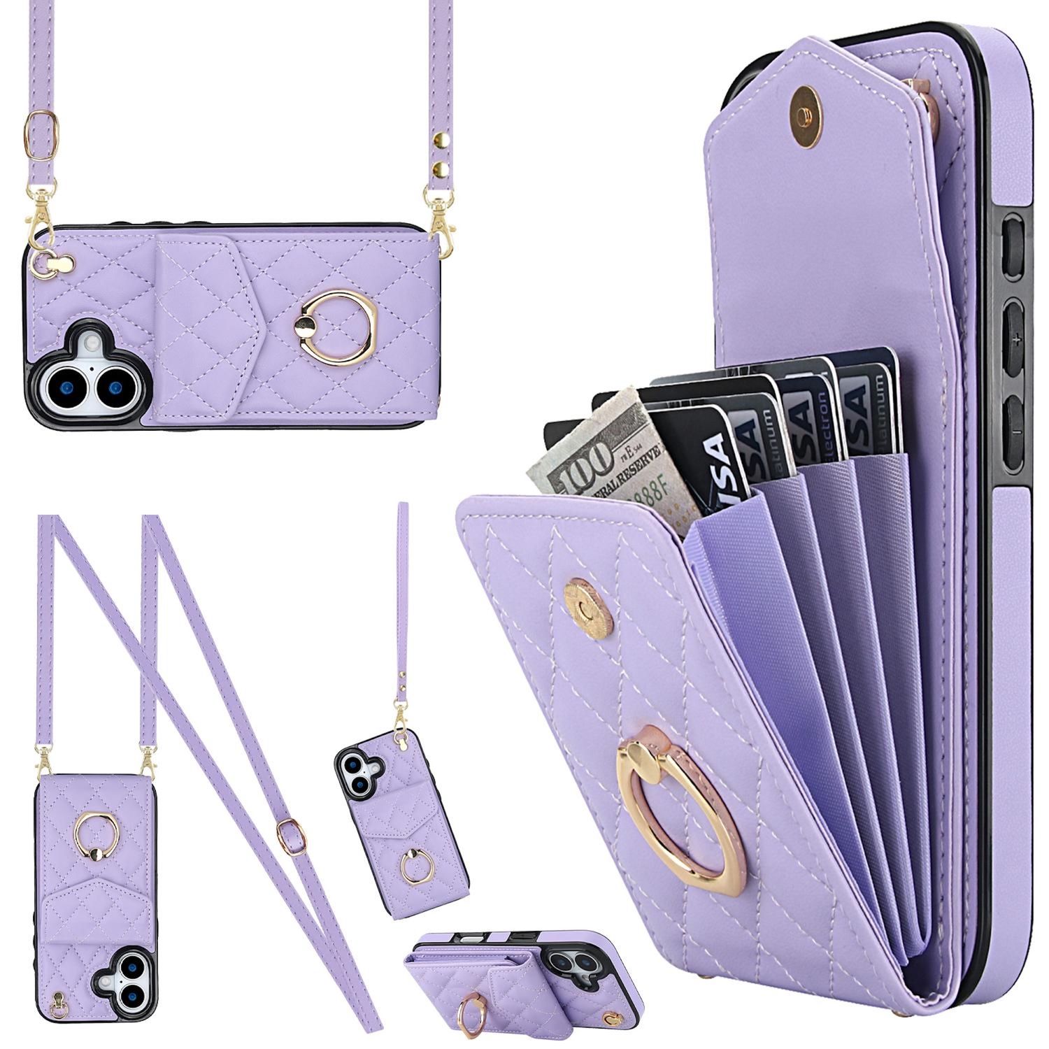 F&uuml;r Apple iPhone 17 Crossbody Kunstleder Rhombic Design H&uuml;lle Lila - Bild 1