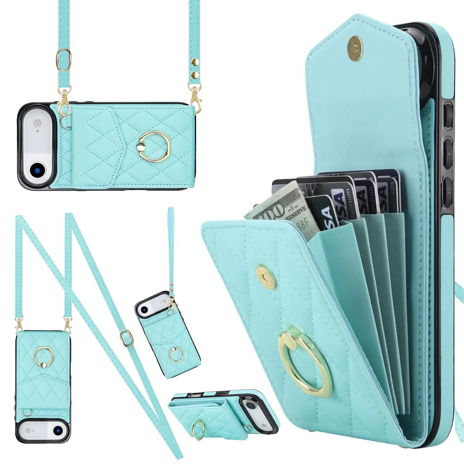 F&uuml;r Apple iPhone 17 Air Crossbody Kunstleder Rhombic H&uuml;lle T&uuml;rkis - Bild 1