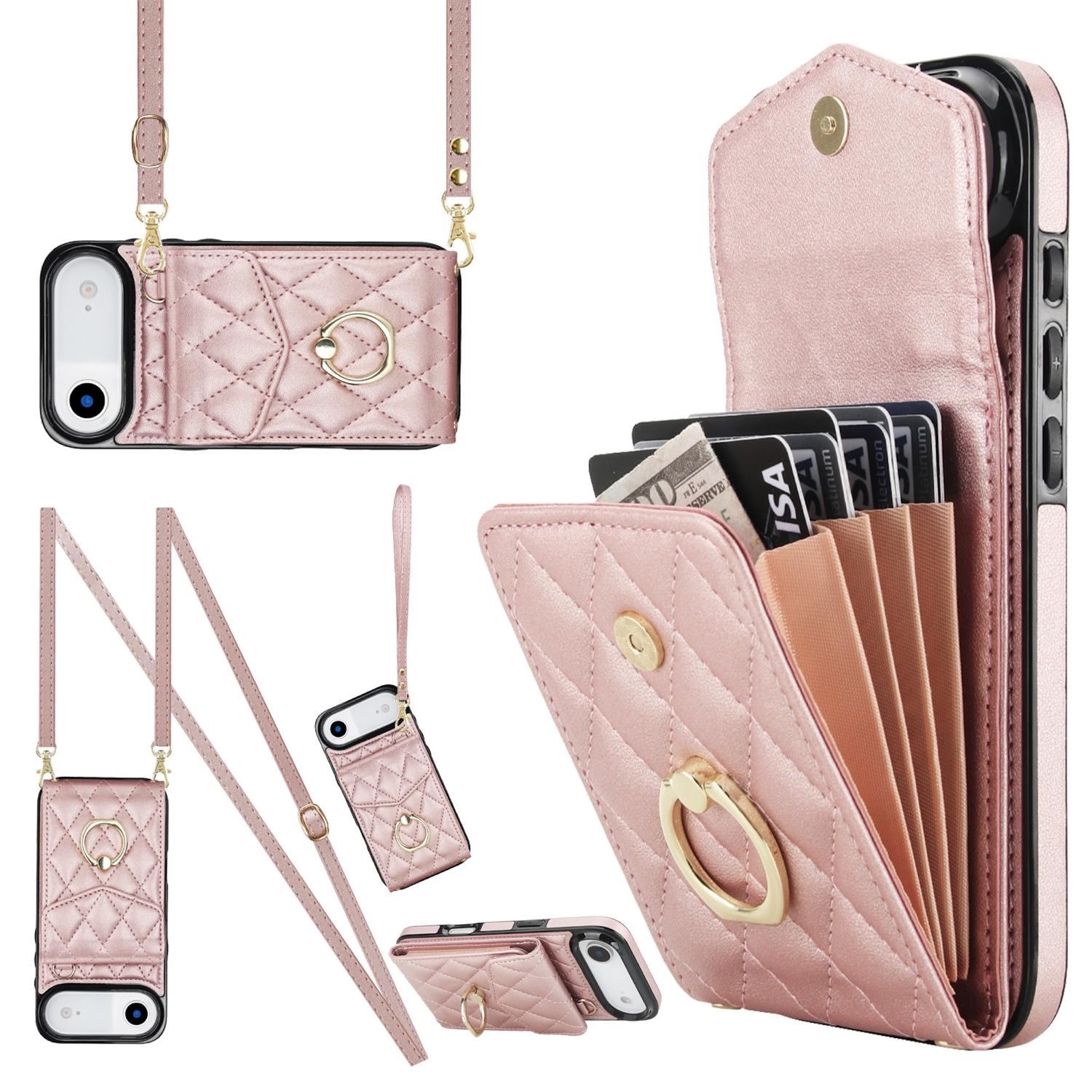 F&uuml;r Apple iPhone 17 Air Crossbody Kunstleder Rhombic H&uuml;lle Rose Gold - Bild 1