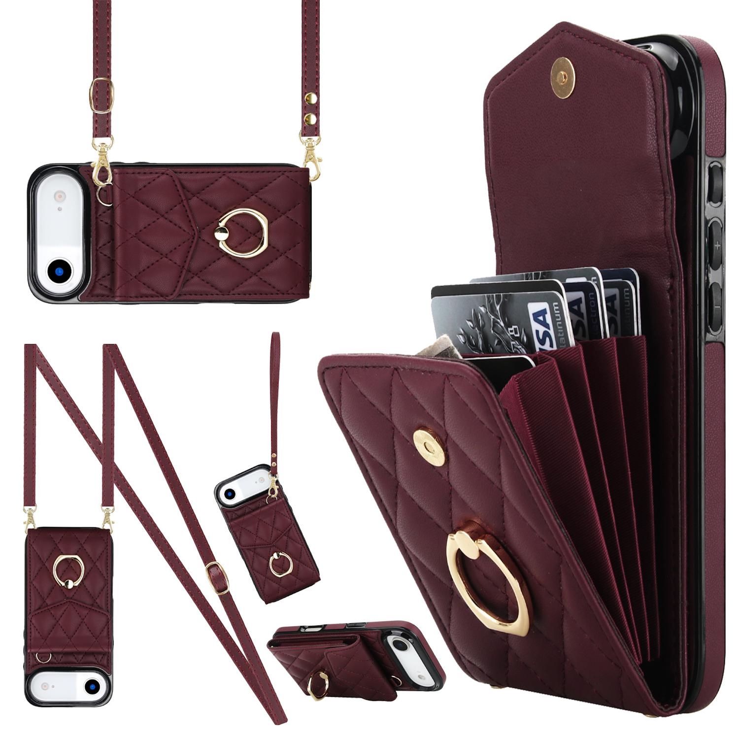 F&uuml;r Apple iPhone 17 Air Crossbody Kunstleder Rhombic H&uuml;lle Weinrot - Bild 1