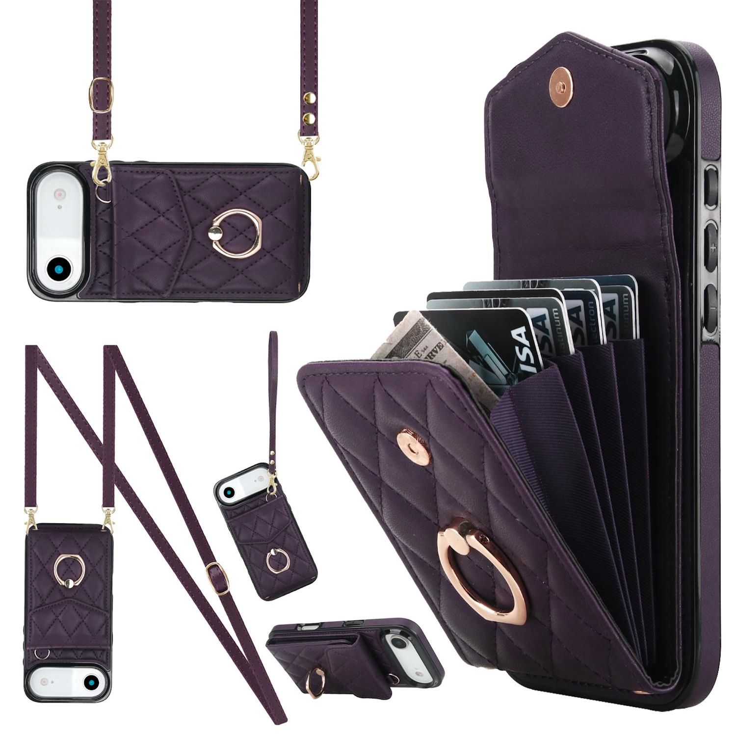 F&uuml;r Apple iPhone 17 Air Crossbody Kunstleder Rhombic Design H&uuml;lle Lila - Bild 1