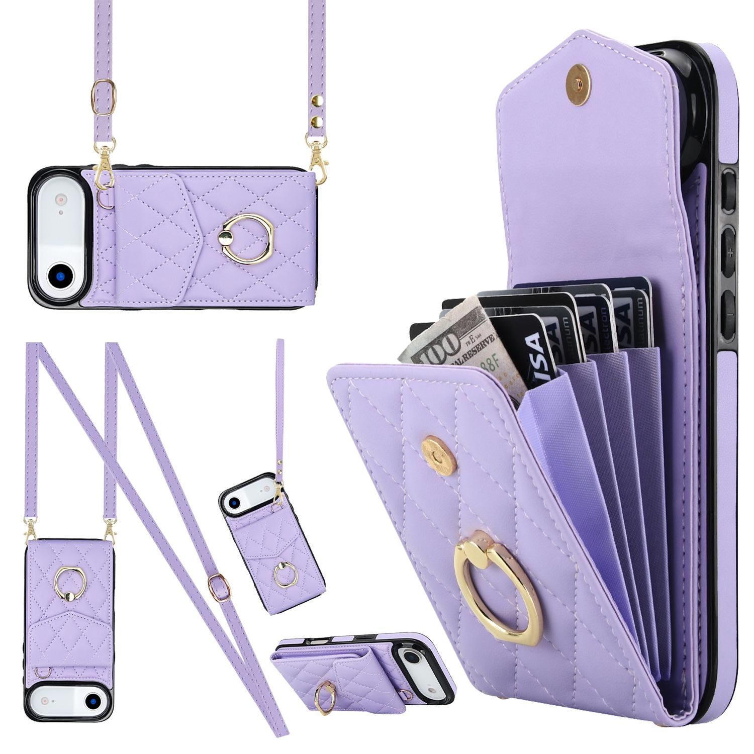 F&uuml;r Apple iPhone 17 Air Crossbody Kunstleder Rhombic H&uuml;lle Hell-Lila - Bild 1