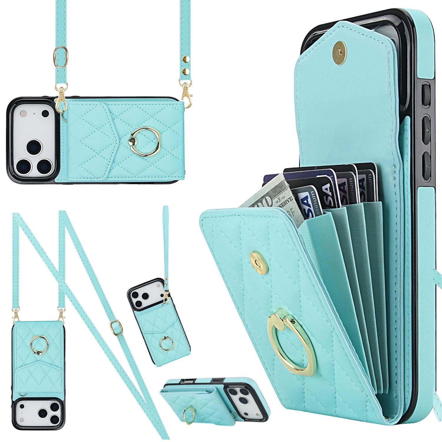 F&uuml;r Apple iPhone 17 Pro Crossbody Kunstleder Rhombic H&uuml;lle T&uuml;rkis - Bild 1