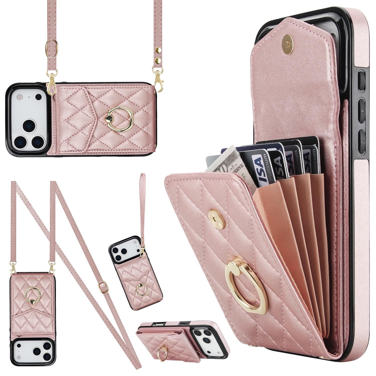 F&uuml;r Apple iPhone 17 Pro Crossbody Kunstleder Rhombic H&uuml;lle Rose Gold - Bild 1