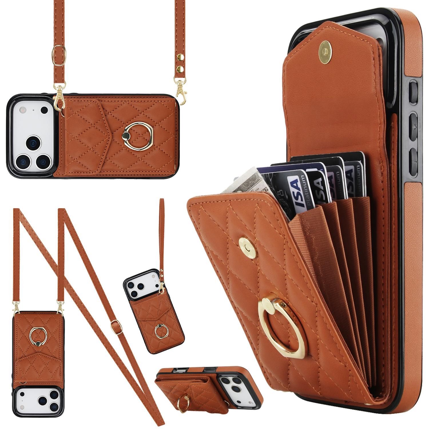 F&uuml;r Apple iPhone 17 Pro Crossbody Kunstleder Rhombic H&uuml;lle Braun - Bild 1