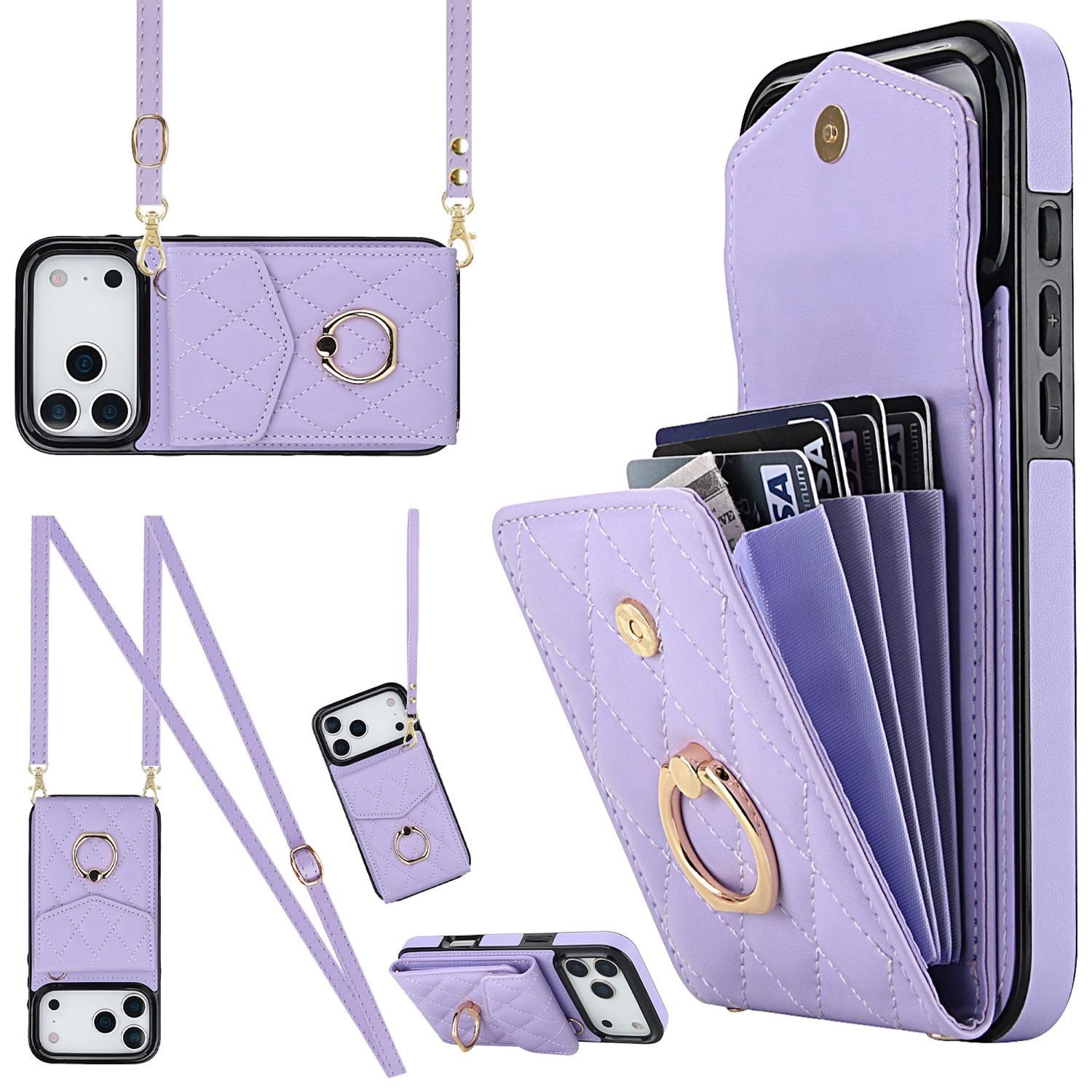 F&uuml;r Apple iPhone 17 Pro Crossbody Kunstleder Rhombic H&uuml;lle Hell-Lila - Bild 1